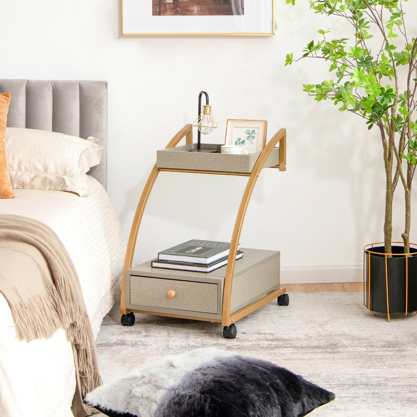Modern Tray Top Rolling End Table, 4 Casters, Storage Drawer, Gray Kitchen Islands & Carts at Gallery Canada