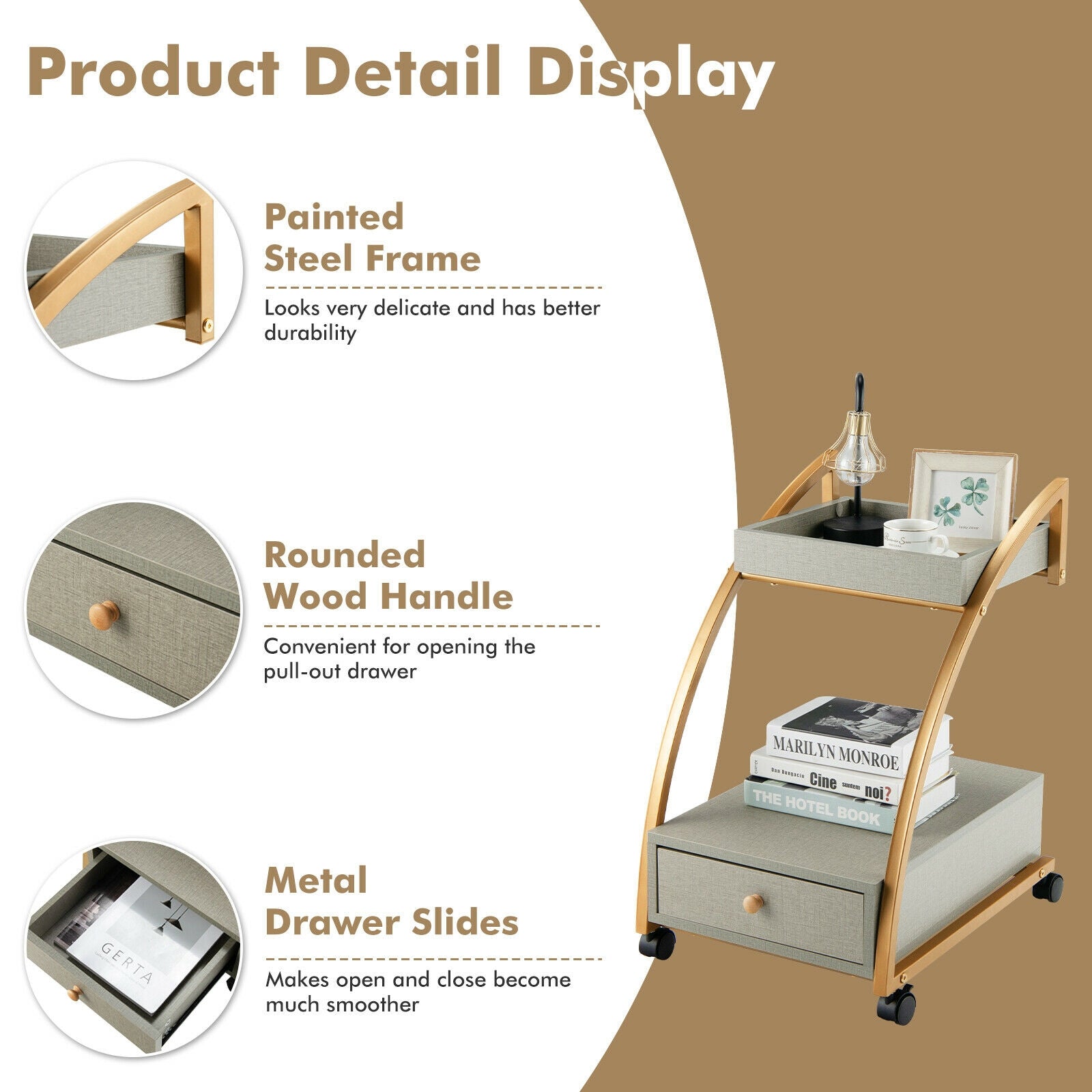 Modern Tray Top Rolling End Table, 4 Casters, Storage Drawer, Gray Kitchen Islands & Carts at Gallery Canada