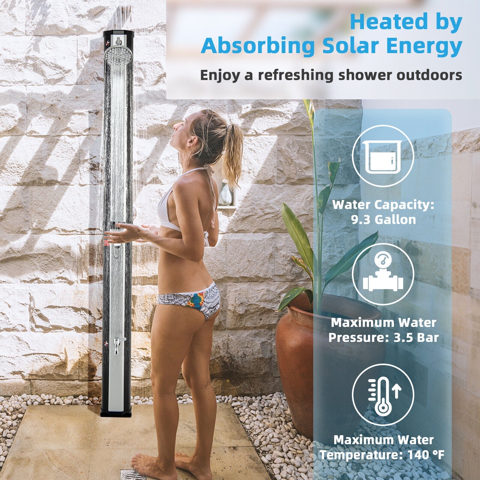 7.2 Feet 9.3 Gallon Solar Shower, Adjustable Head, Foot Tap, Black Portable Toilets & Showers at Gallery Canada