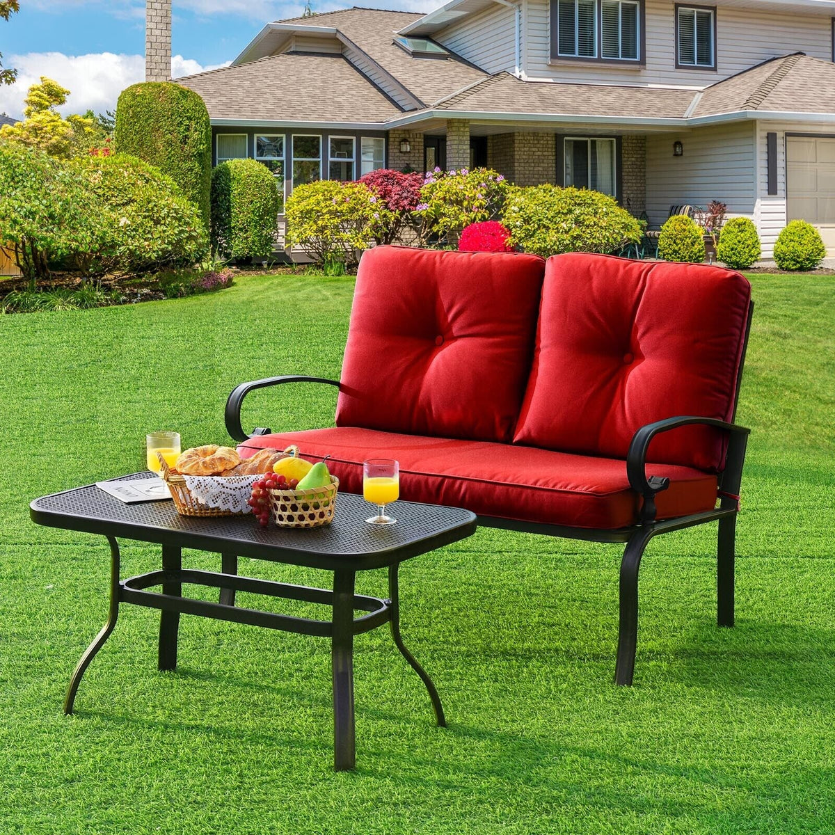 Patio Loveseat Bench Table Set, Cushioned Chair, Red Patio Conversation Sets at Gallery Canada