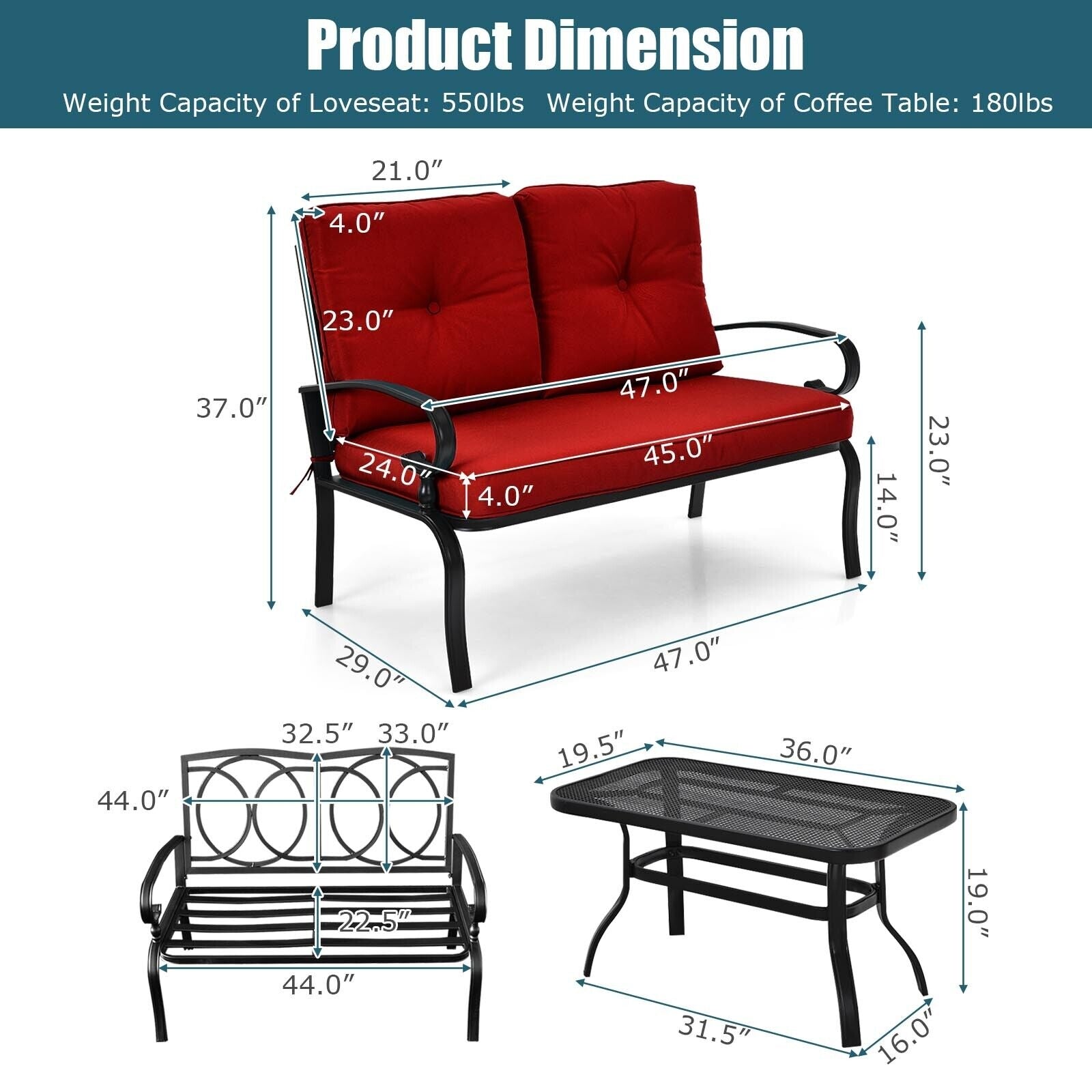 Patio Loveseat Bench Table Set, Cushioned Chair, Red Patio Conversation Sets at Gallery Canada