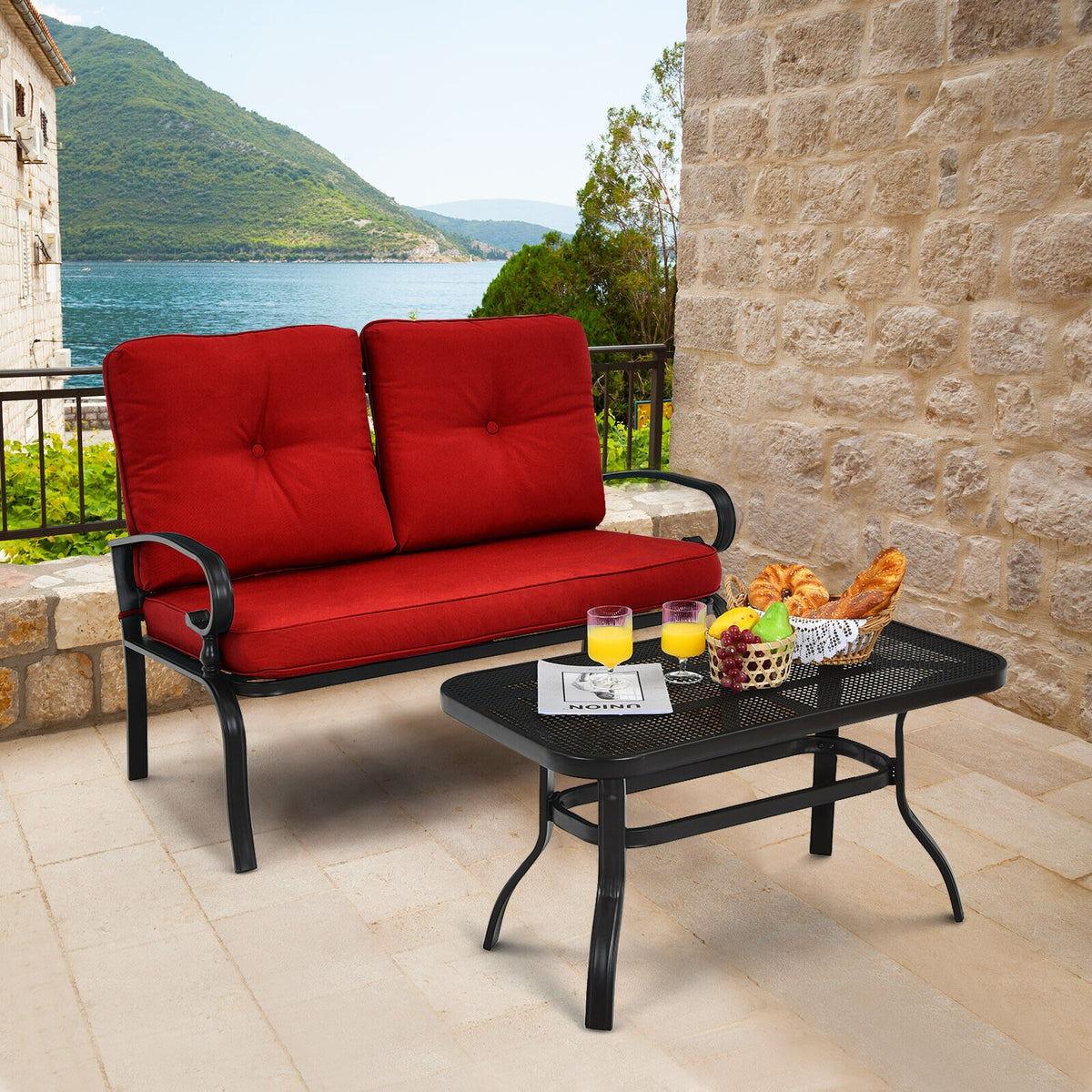 Patio Loveseat Bench Table Set, Cushioned Chair, Red Patio Conversation Sets at Gallery Canada
