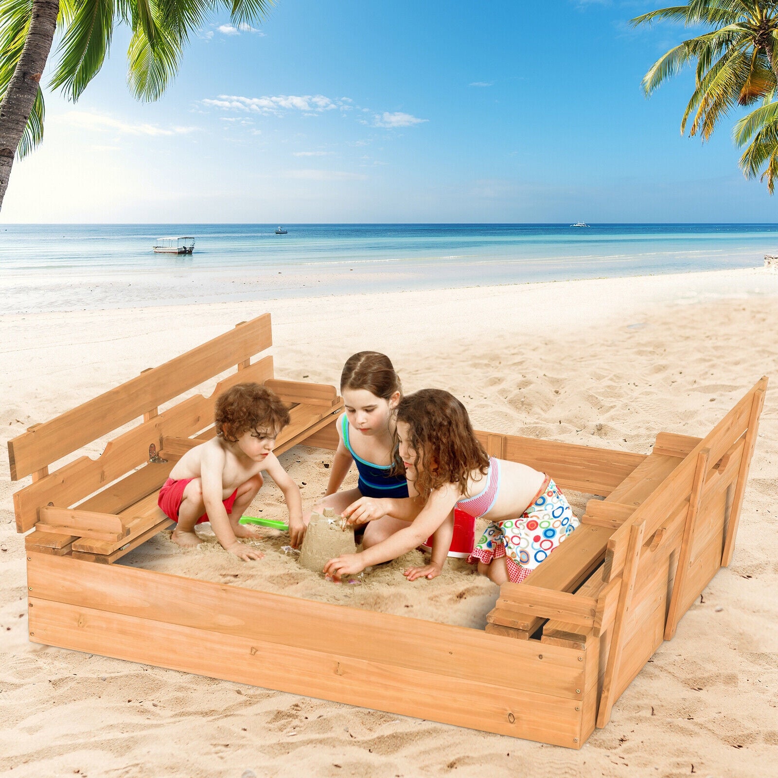 Kids Wooden Sandbox With 2 Foldable Bench Seats, Brown Sandboxes at Gallery Canada