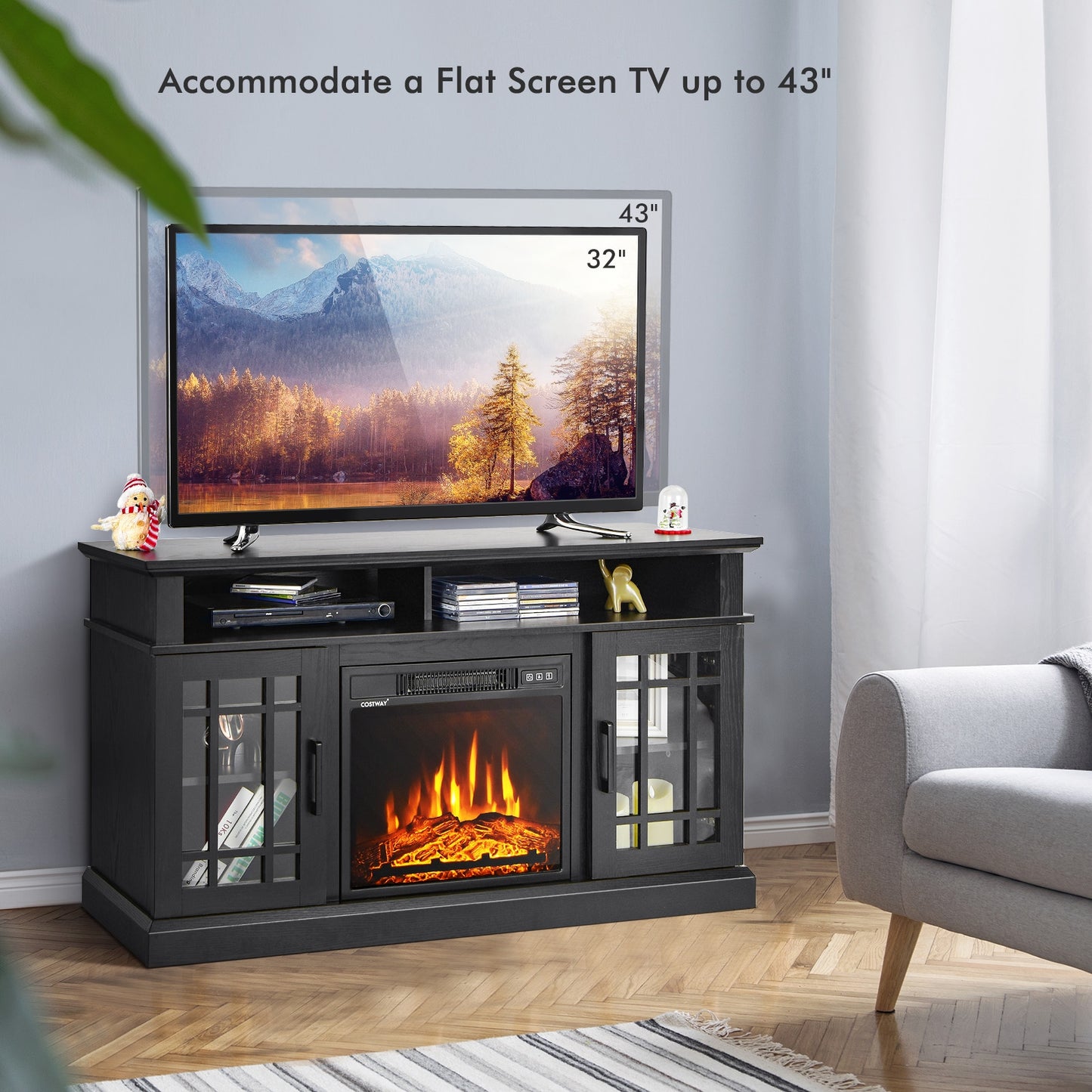 48 Inch Electric Fireplace TV Stand, For TVs Up To 55 Inch, Black Entertainment Centers & TV Stands at Gallery Canada