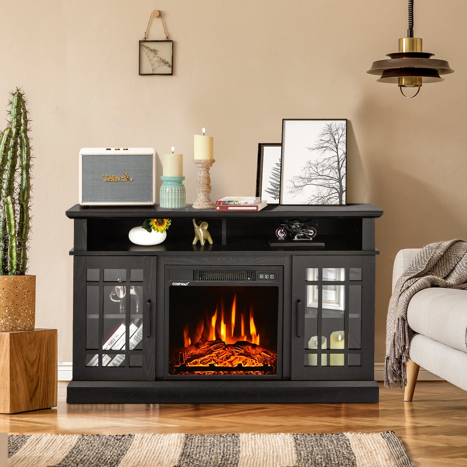 48 Inch Electric Fireplace TV Stand, For TVs Up To 55 Inch, Black Entertainment Centers & TV Stands at Gallery Canada