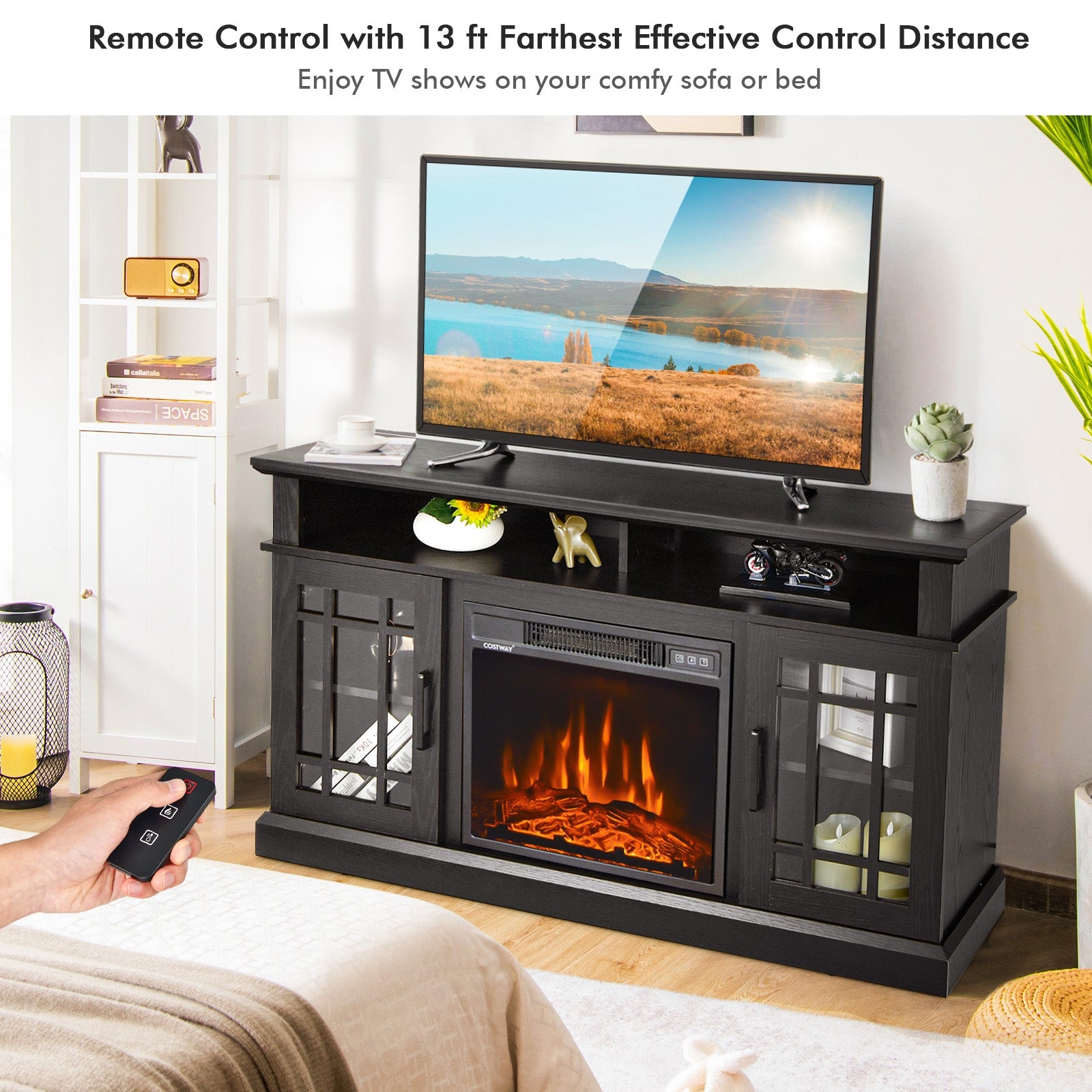 48 Inch Electric Fireplace TV Stand, For TVs Up To 55 Inch, Black Entertainment Centers & TV Stands at Gallery Canada