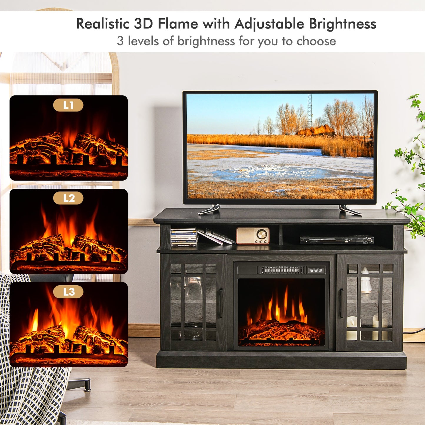 48 Inch Electric Fireplace TV Stand, For TVs Up To 55 Inch, Black Entertainment Centers & TV Stands at Gallery Canada