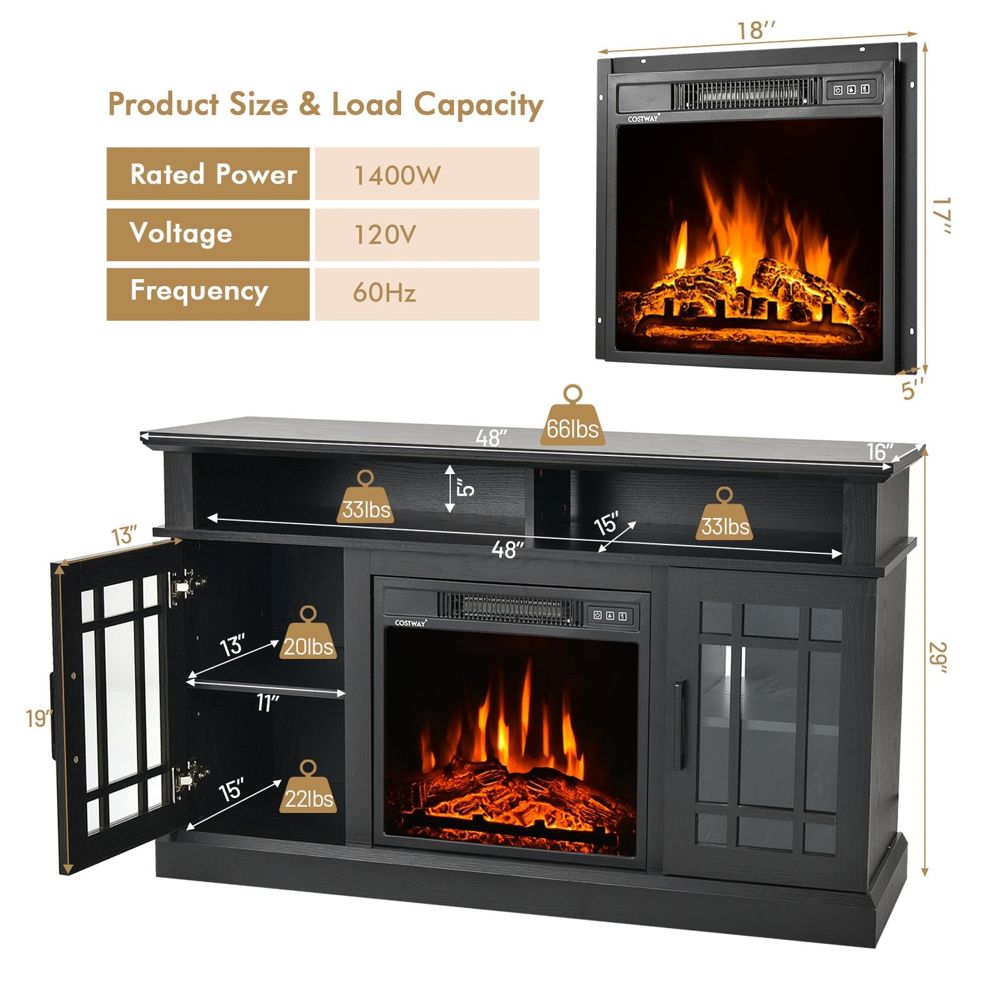 48 Inch Electric Fireplace TV Stand, For TVs Up To 55 Inch, Black Entertainment Centers & TV Stands at Gallery Canada