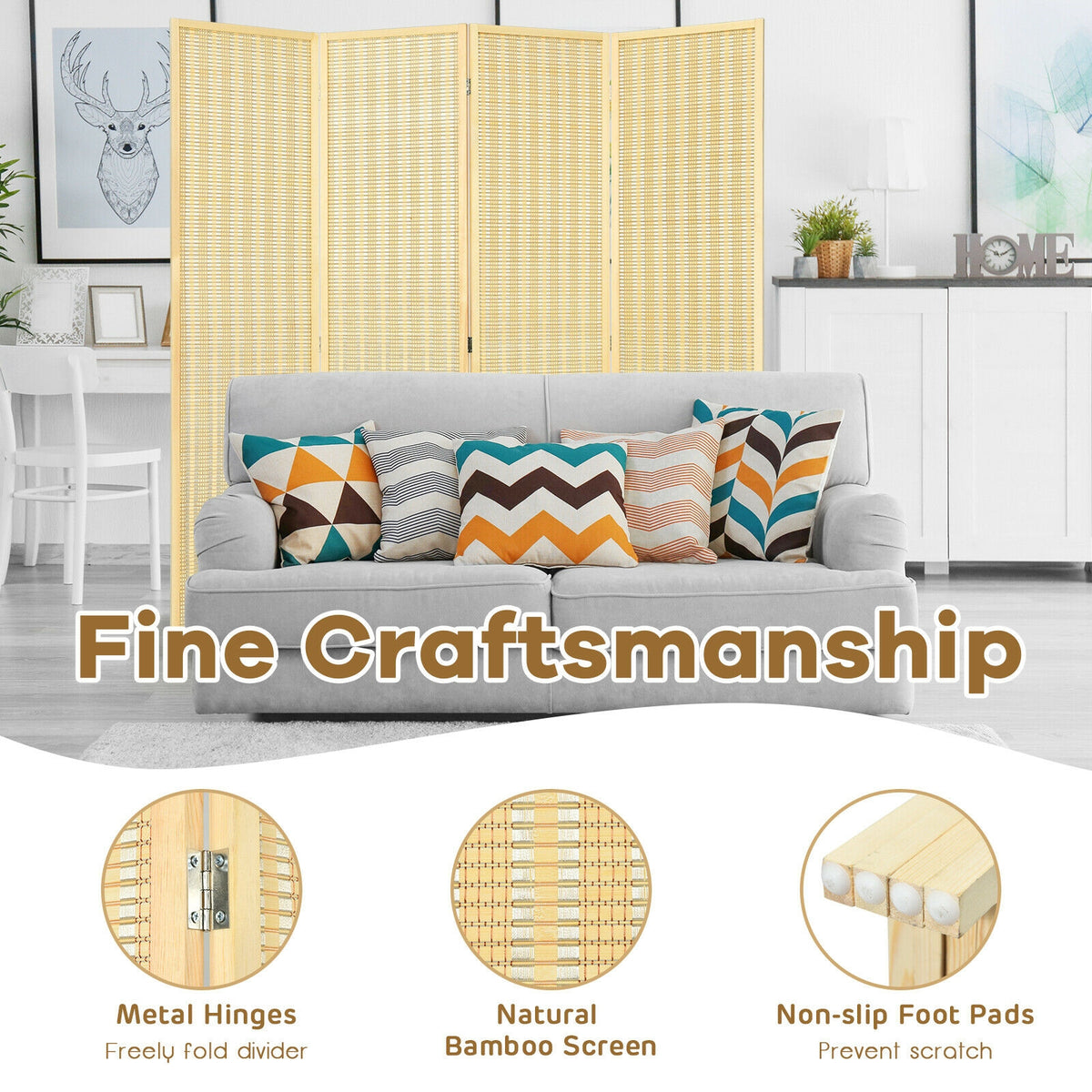 6 ft 4 Panel Portable Folding Room Divider Screen, Natural Room Dividers at Gallery Canada
