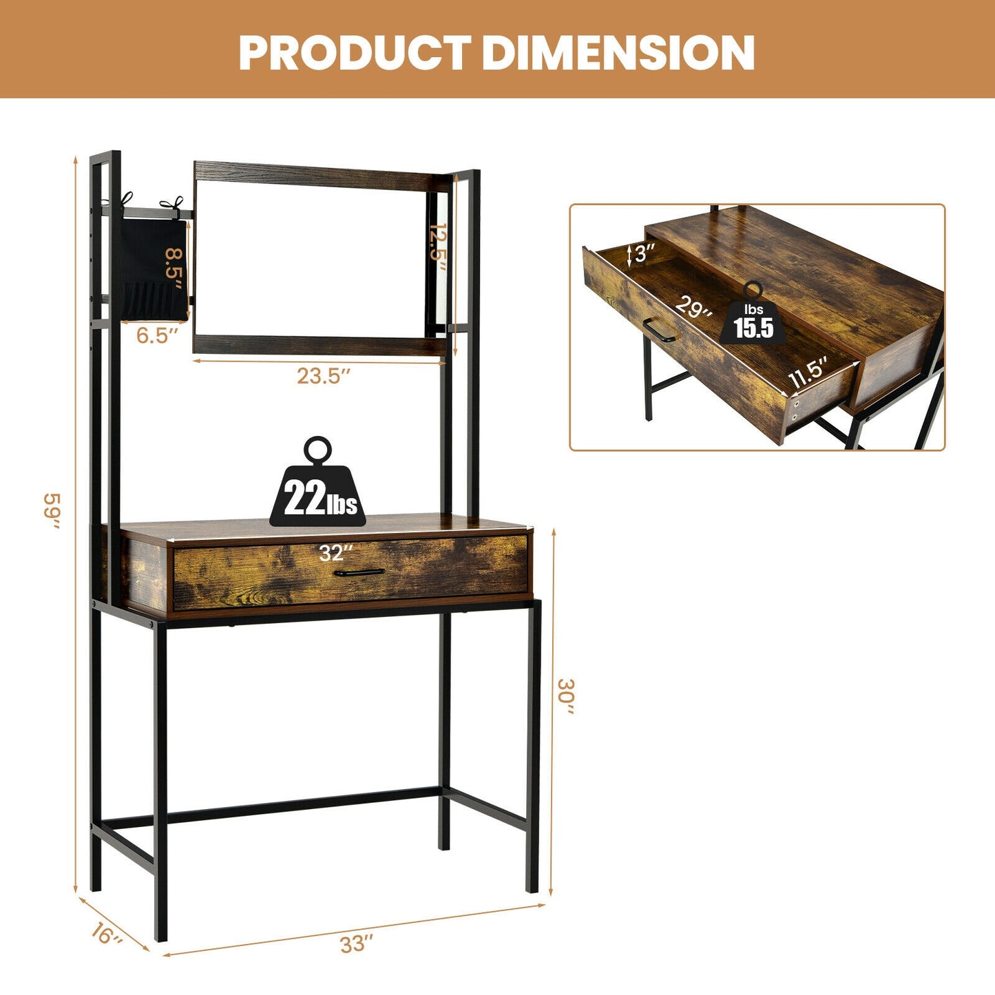 Industrial Vanity Table, 3-Height Adjustable Mirror Bag, Brown Makeup Vanities at Gallery Canada
