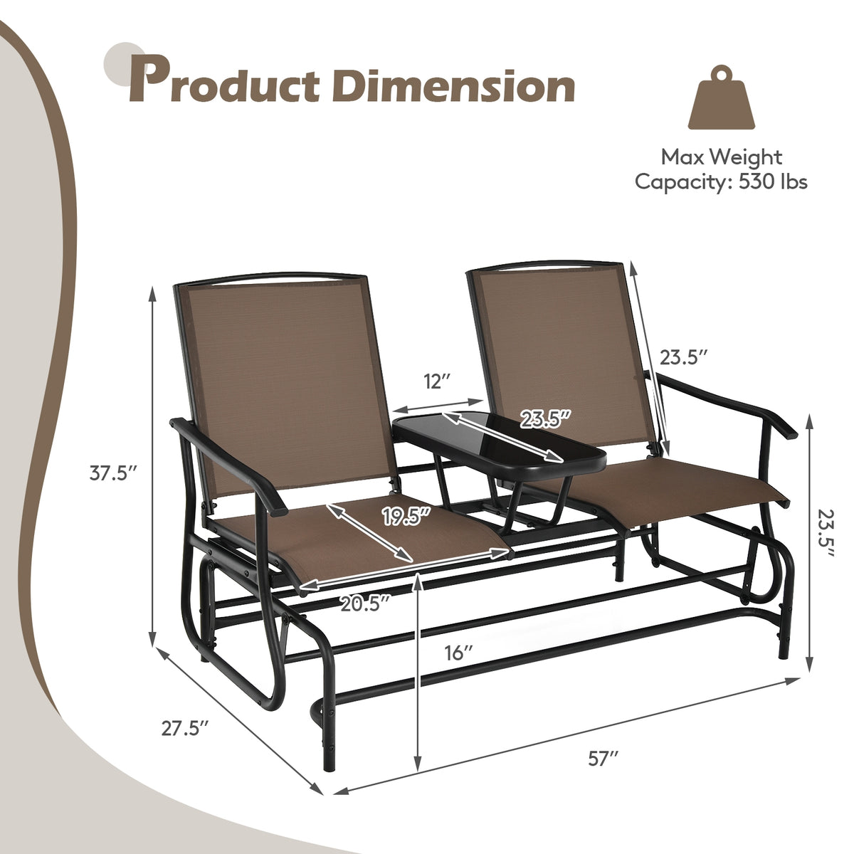 2-Person Rocking Loveseat, Mesh Fabric, Tempered Glass Table, Brown Patio Conversation Sets at Gallery Canada