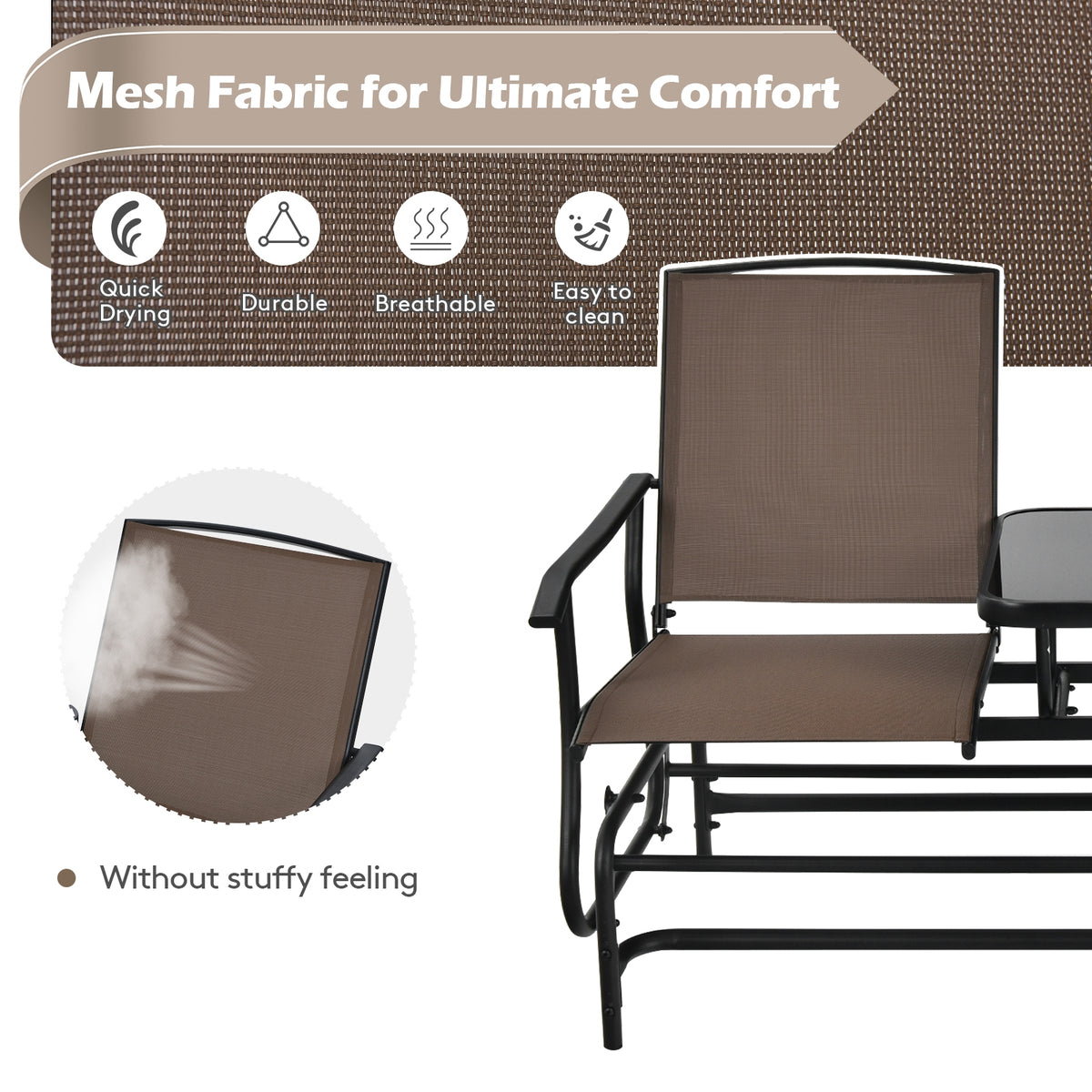 2-Person Rocking Loveseat, Mesh Fabric, Tempered Glass Table, Brown Patio Conversation Sets at Gallery Canada
