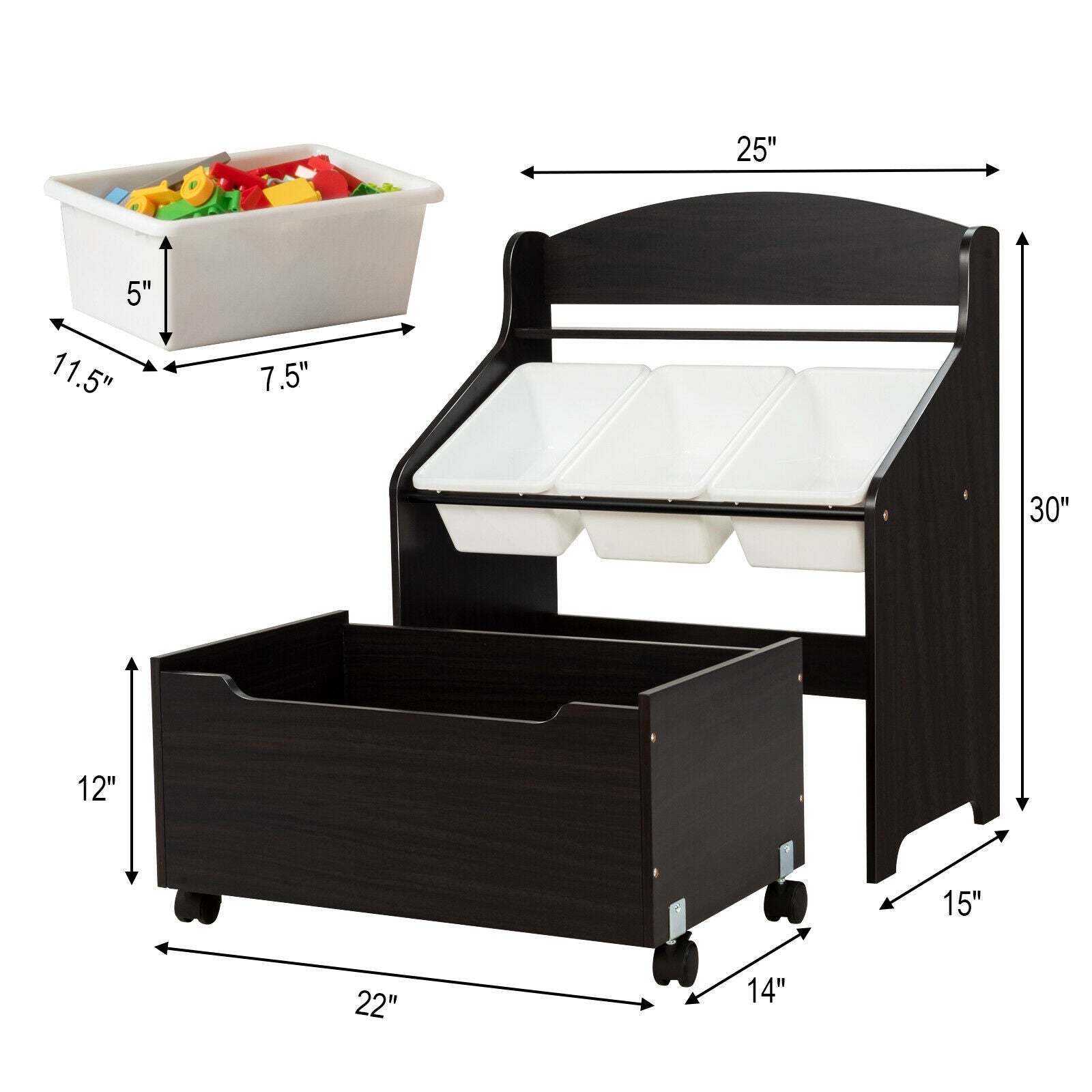Kids Wooden Toy Storage Organizer, Rolling Toy Box, Plastic Bins, Dark Brown Kids Storage at Gallery Canada