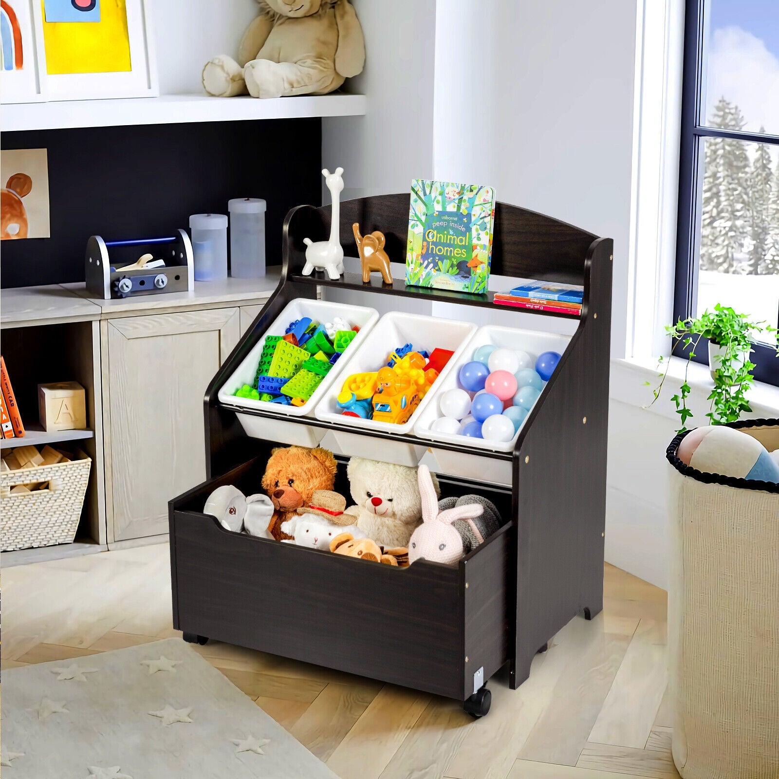 Kids Wooden Toy Storage Organizer, Rolling Toy Box, Plastic Bins, Dark Brown Kids Storage at Gallery Canada
