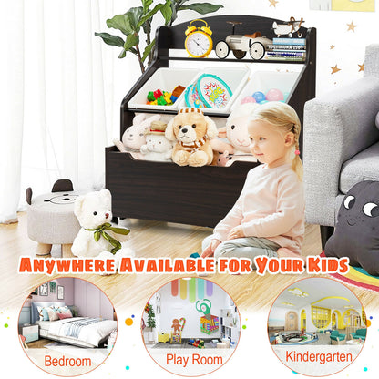 Kids Wooden Toy Storage Organizer, Rolling Toy Box, Plastic Bins, Dark Brown Kids Storage at Gallery Canada