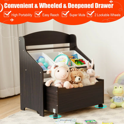 Kids Wooden Toy Storage Organizer, Rolling Toy Box, Plastic Bins, Dark Brown Kids Storage at Gallery Canada