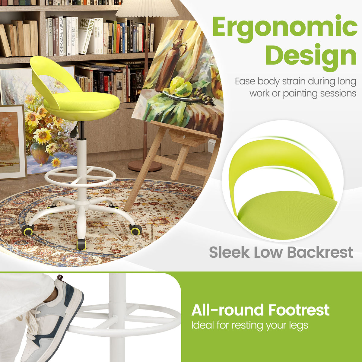 Rolling Tall Drafting Stool With Wheels, Green Armless Chairs at Gallery Canada
