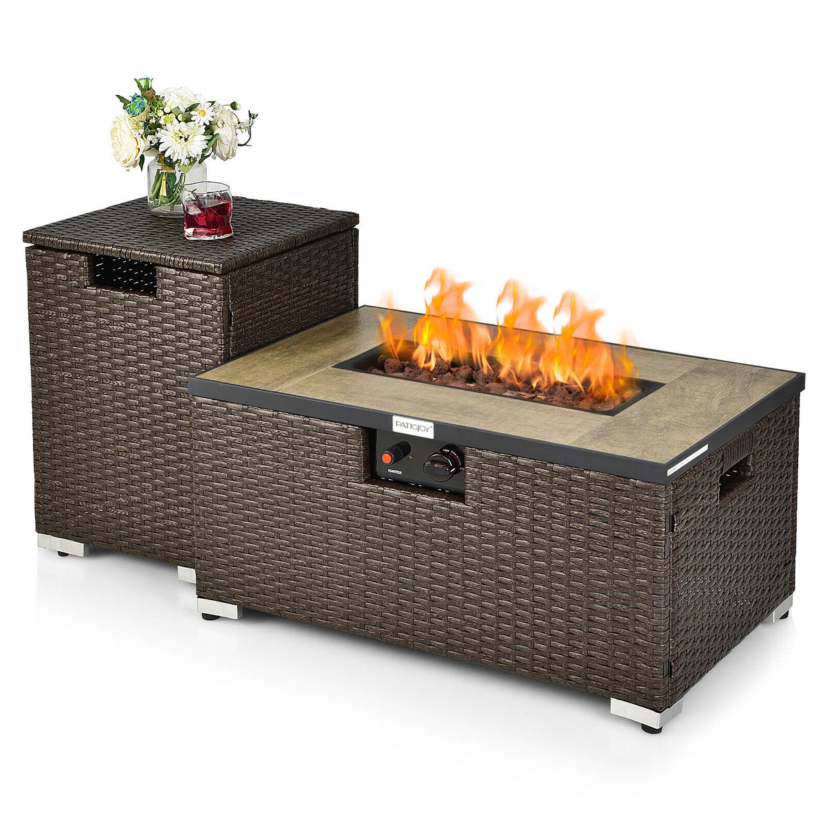 32 Inch x 20 Inch Propane Rattan Fire Pit Table Set, Brown Fire Pit Tables at Gallery Canada