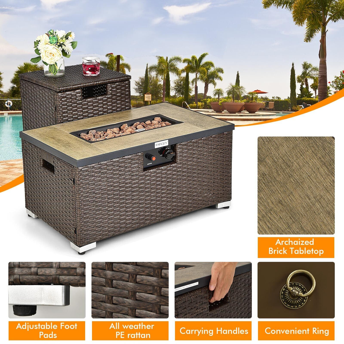 32 Inch x 20 Inch Propane Rattan Fire Pit Table Set, Brown Fire Pit Tables at Gallery Canada