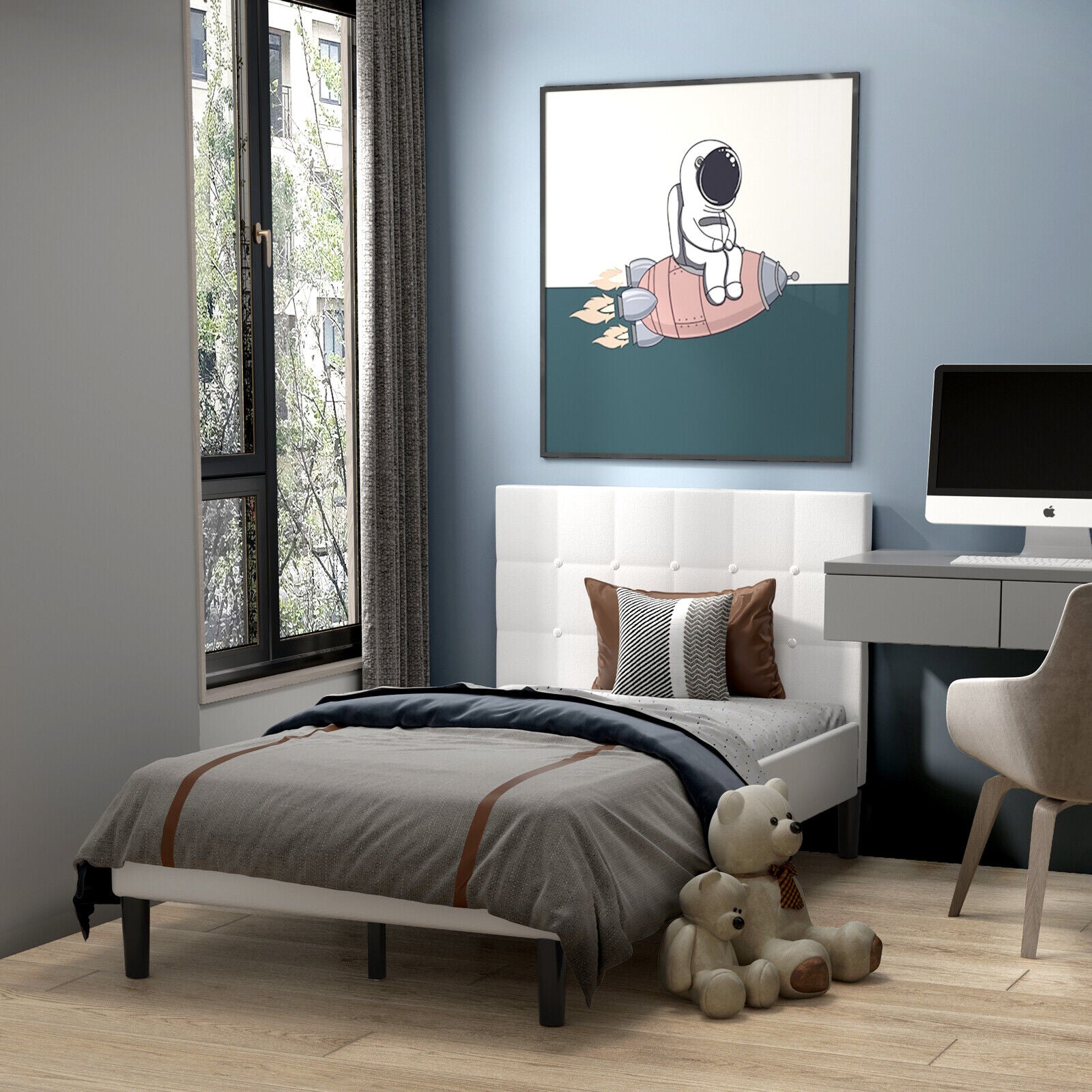 Platform Bed, Button Tufted Headboard, Beige Simple Bed Frame at Gallery Canada