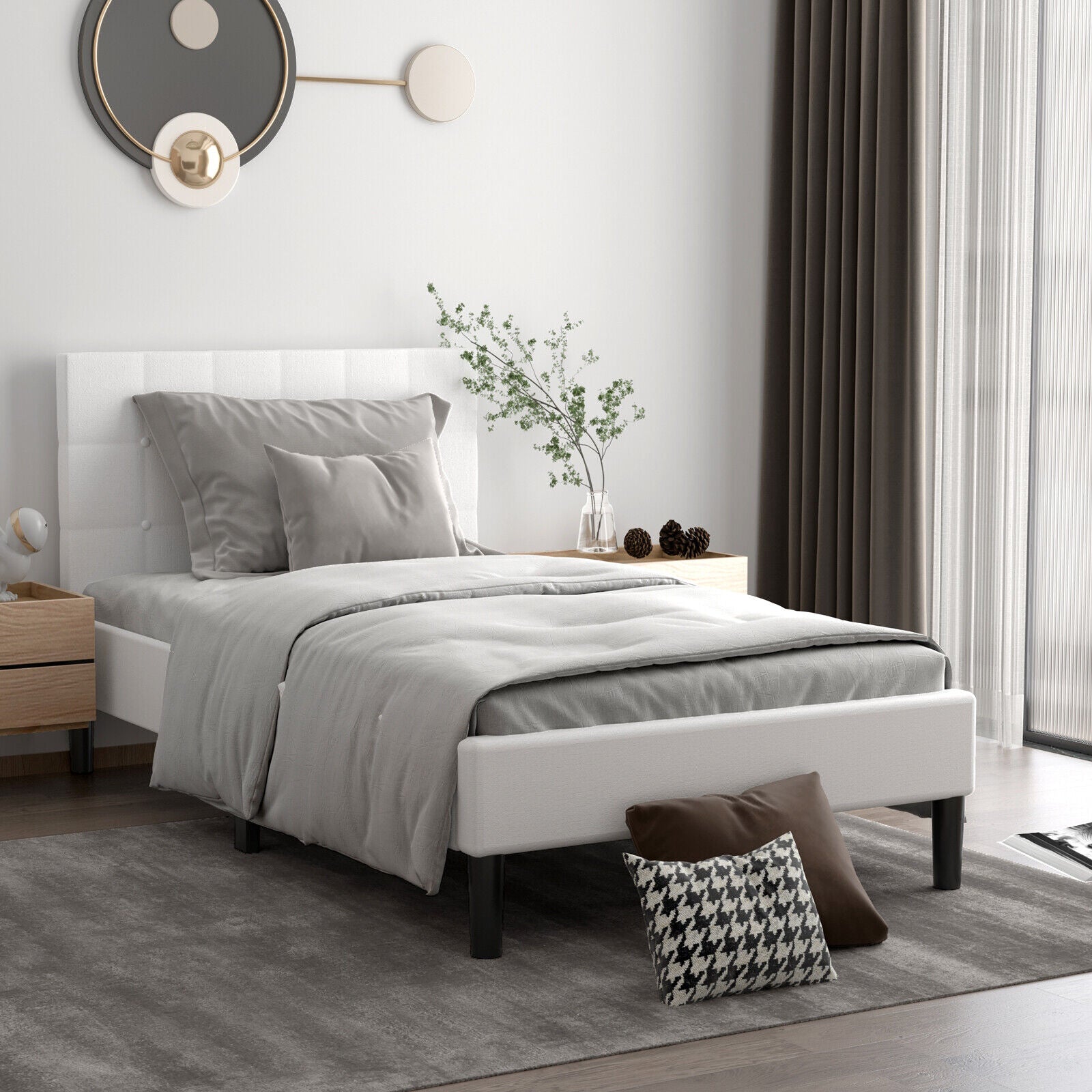 Platform Bed, Button Tufted Headboard, Beige Simple Bed Frame at Gallery Canada
