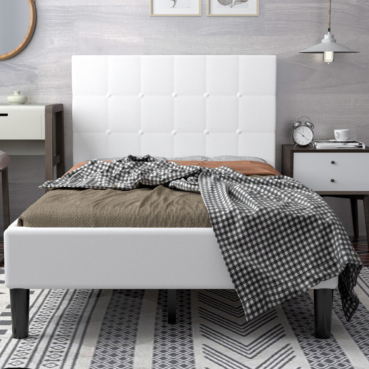 Platform Bed, Button Tufted Headboard, Beige Simple Bed Frame at Gallery Canada