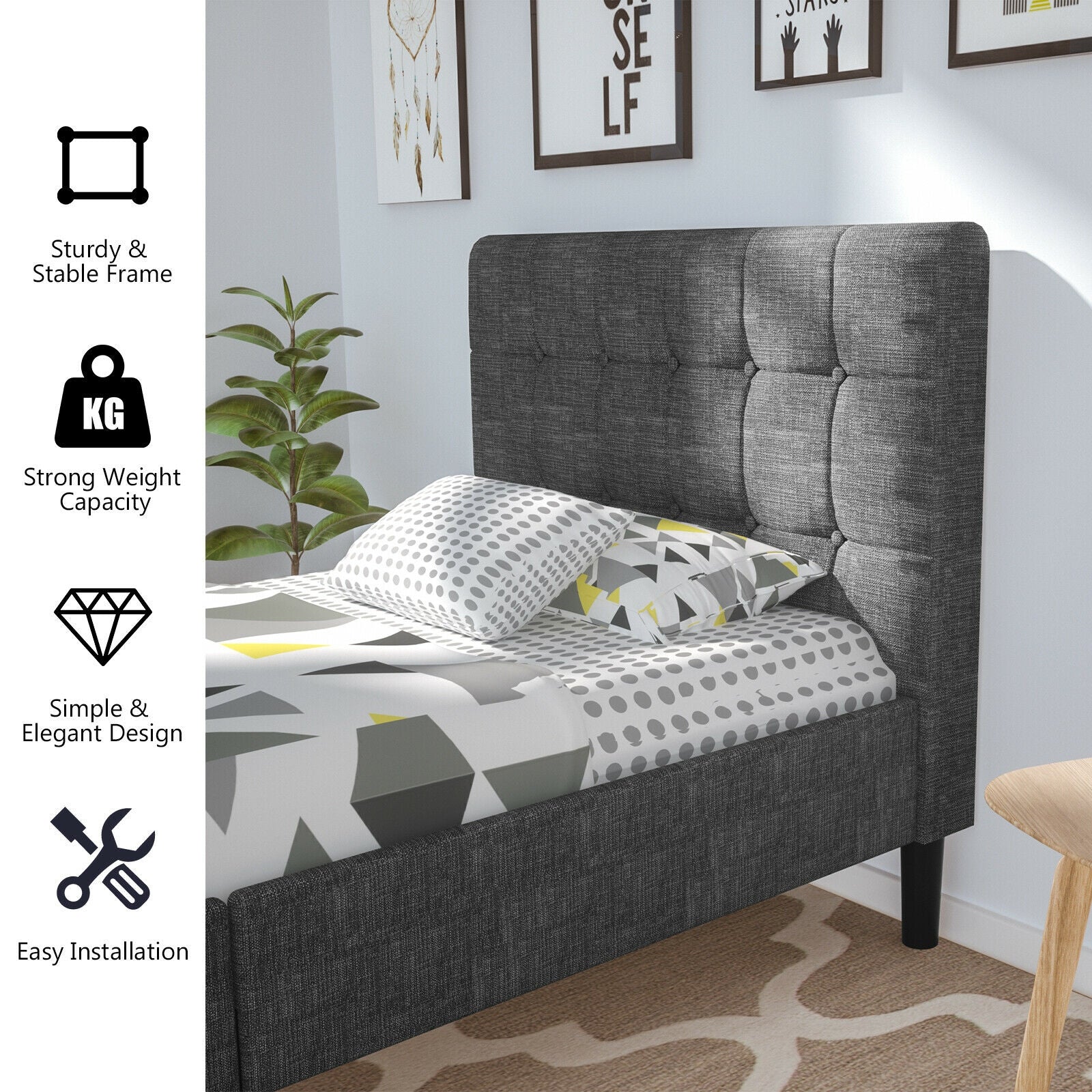Platform Bed With Button Tufted Headboard, Gray Simple Bed Frame at Gallery Canada