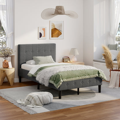 Platform Bed With Button Tufted Headboard, Gray Simple Bed Frame at Gallery Canada
