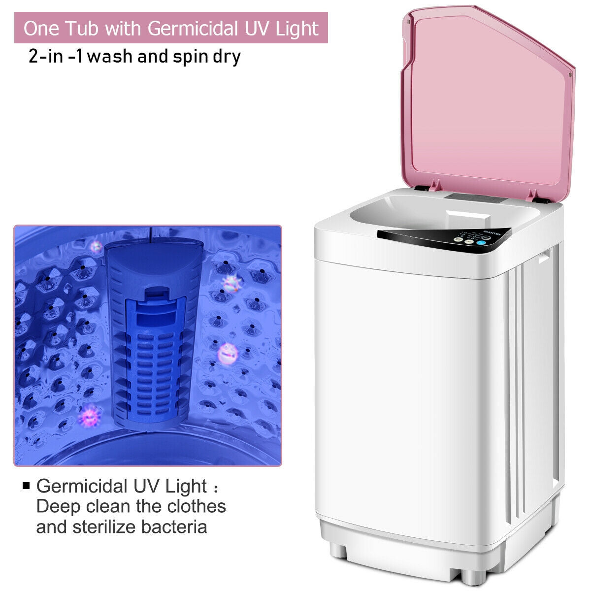 Full Automatic Washing Machine, 7.7 lbs, Washer Spinner Germicidal, Pink Washing Machines at Gallery Canada