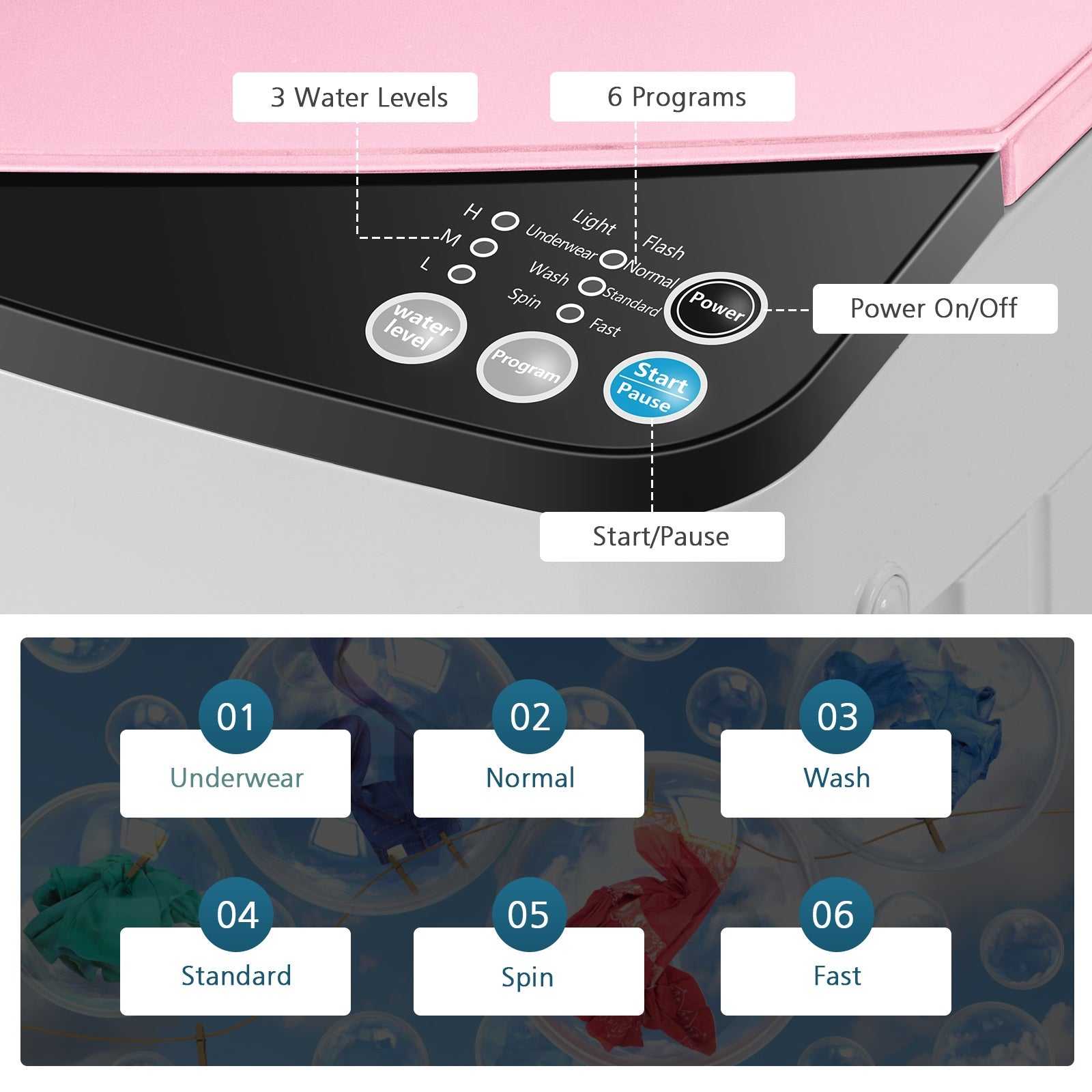 Full Automatic Washing Machine, 7.7 lbs, Washer Spinner Germicidal, Pink Washing Machines at Gallery Canada