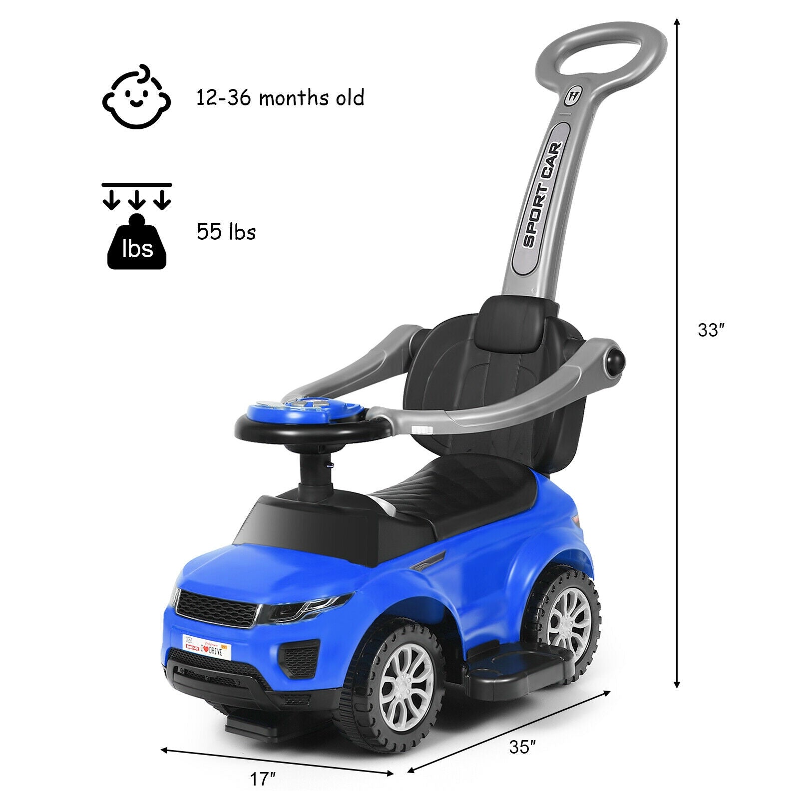 3 In 1 Ride On Push Car, Toddler Stroller, Blue Push & Pedal Ride On Toys at Gallery Canada