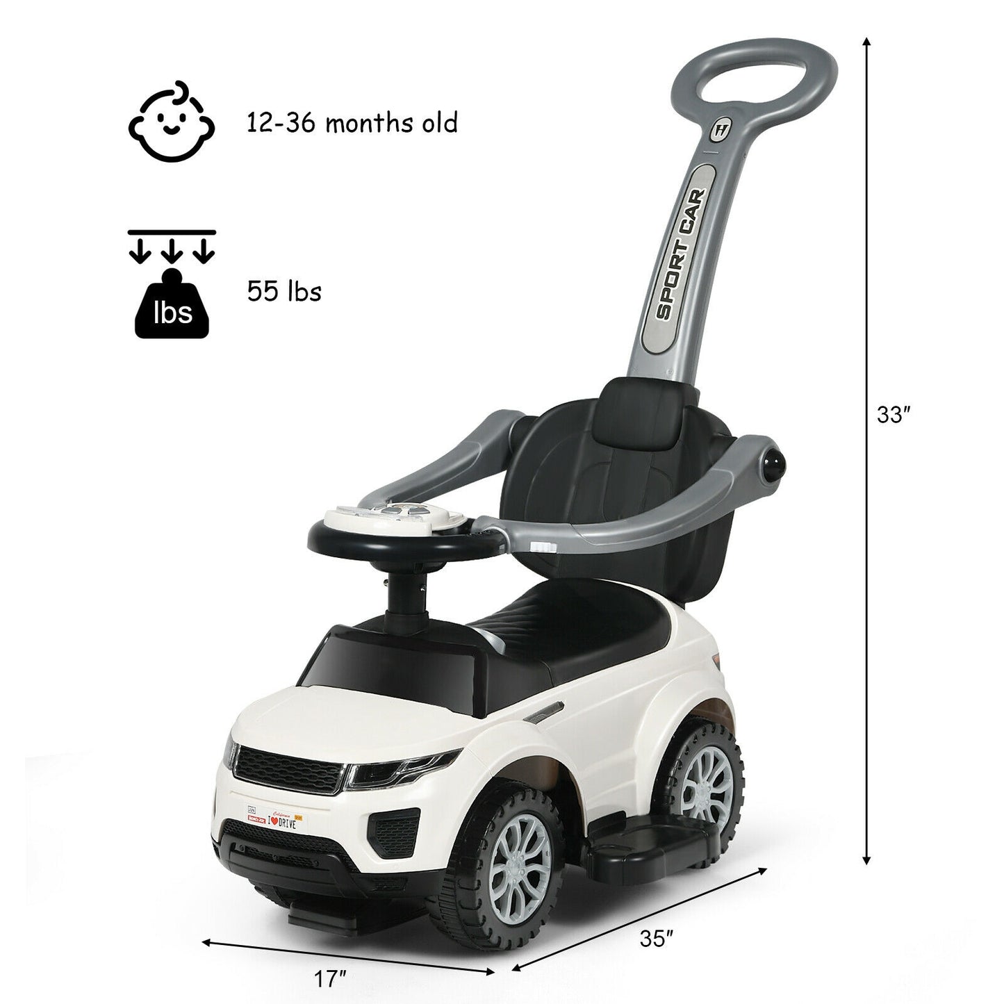 3 In 1 Ride On Push Car, Toddler Stroller, Sliding Car With Music, White Push & Pedal Ride On Toys at Gallery Canada