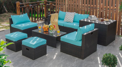 8 Piece Rattan Patio Furniture Set With Storage Box, Turquoise Outdoor Sectionals at Gallery Canada