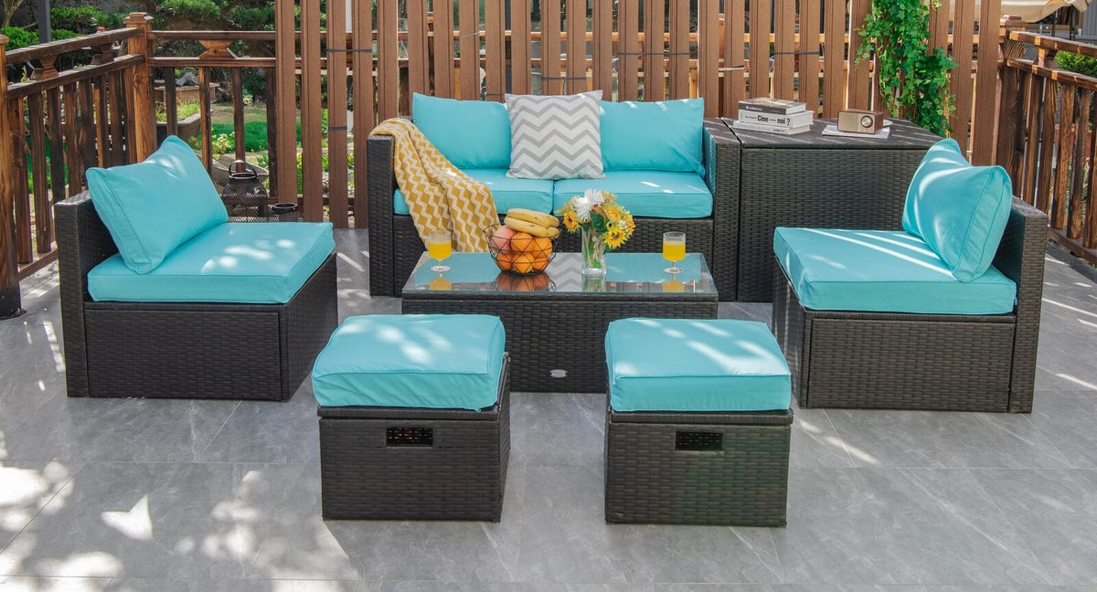 8 Piece Rattan Patio Furniture Set With Storage Box, Turquoise Outdoor Sectionals at Gallery Canada