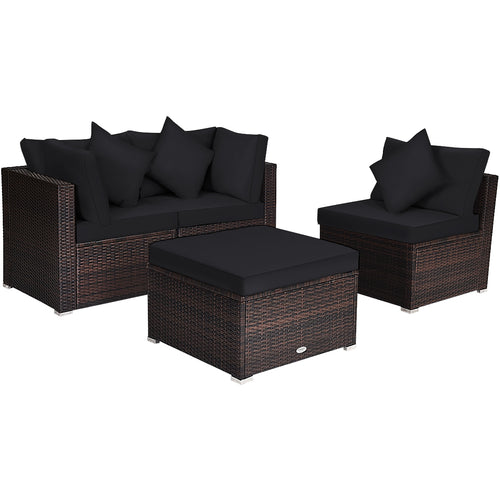 4-Piece Rattan Patio Set, With Cushions, Black