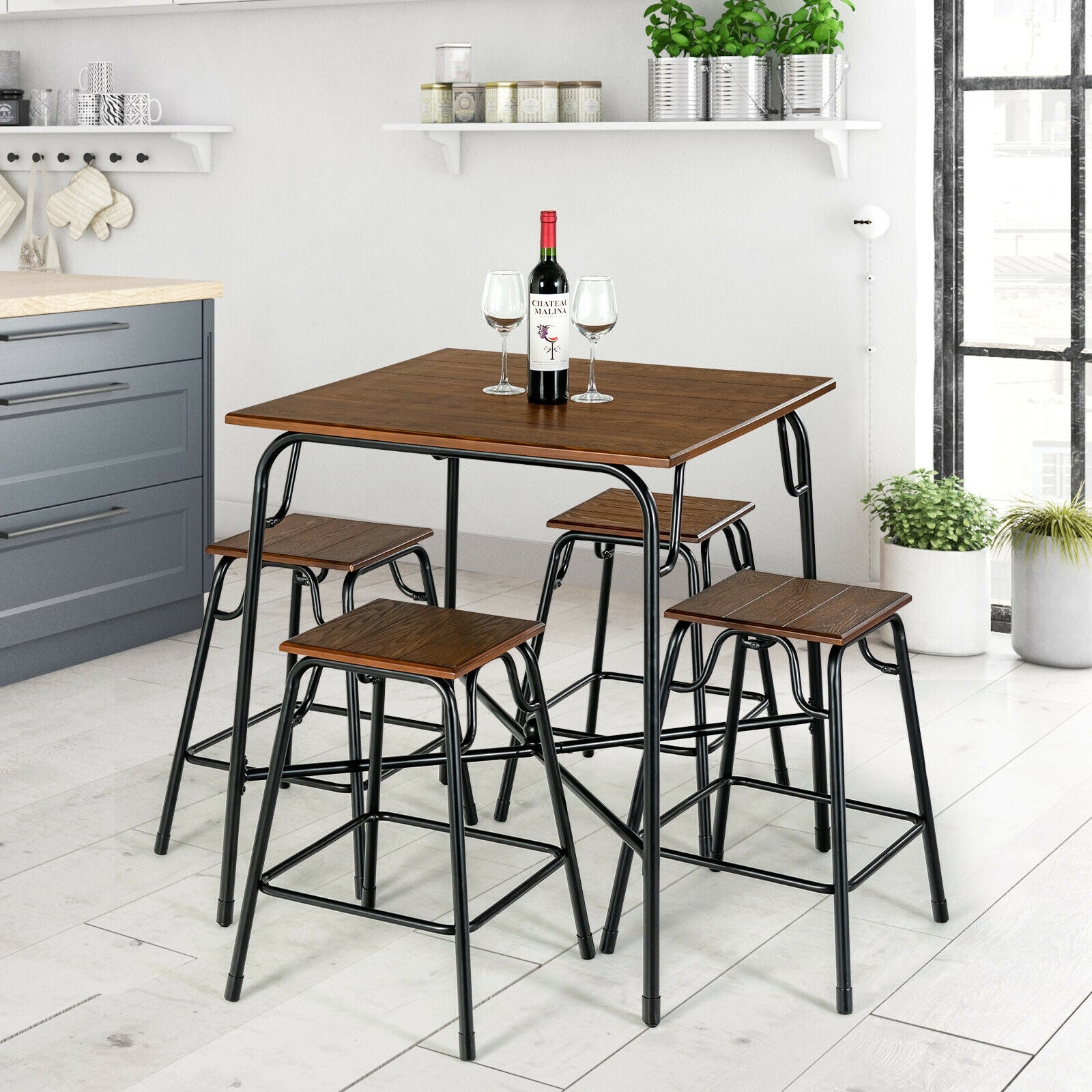 5-Piece Bar Table Set, 4 Counter Height Stools, Rustic Brown Patio Bar Furniture at Gallery Canada