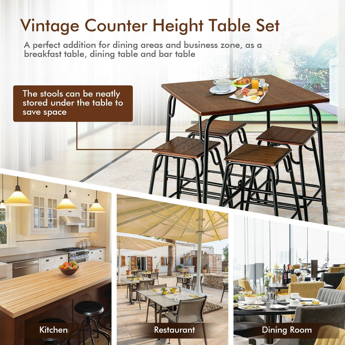 5-Piece Bar Table Set, 4 Counter Height Stools, Rustic Brown Patio Bar Furniture at Gallery Canada