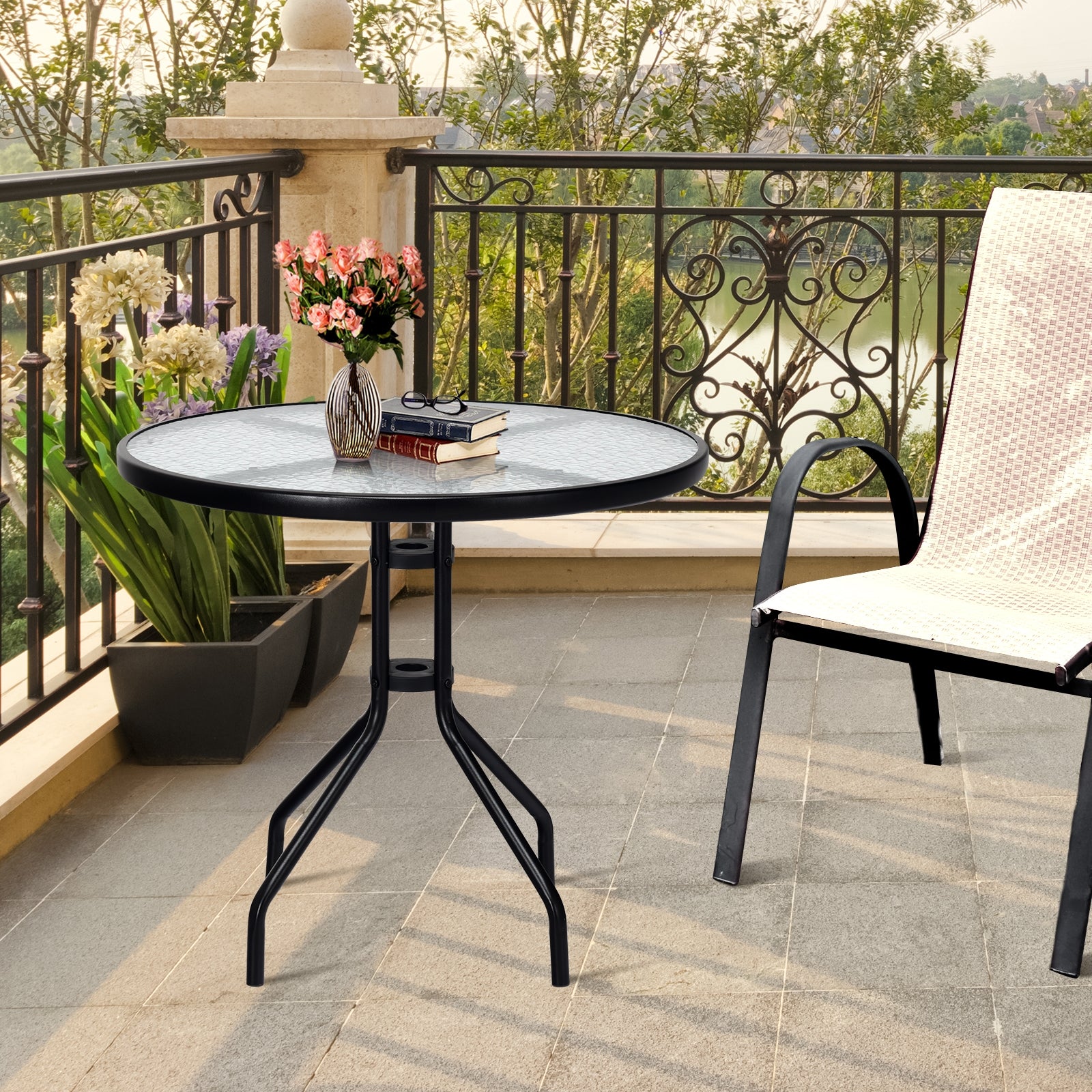 32 Inch Outdoor Patio Round Tempered Glass Table With Umbrella Hole, Transparent Patio Dining Tables at Gallery Canada