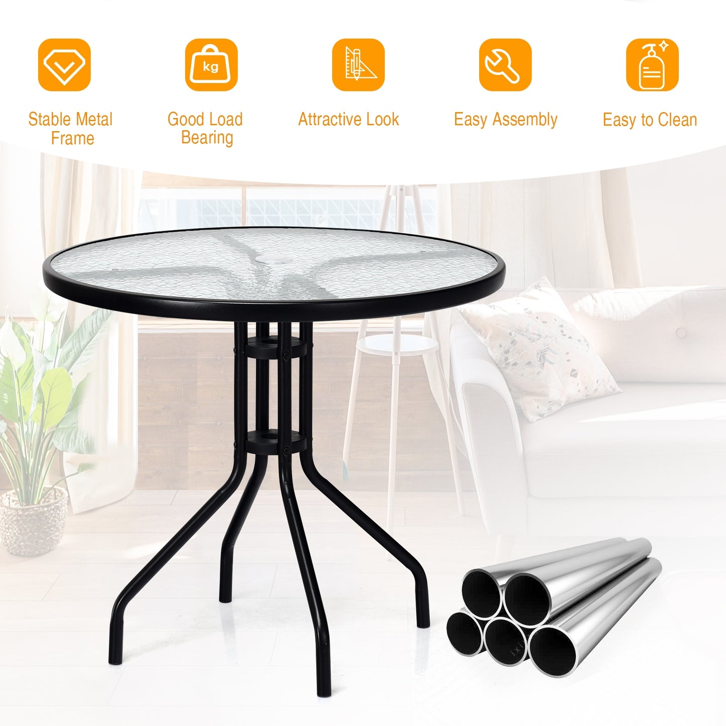 32 Inch Outdoor Patio Round Tempered Glass Table With Umbrella Hole, Transparent Patio Dining Tables at Gallery Canada