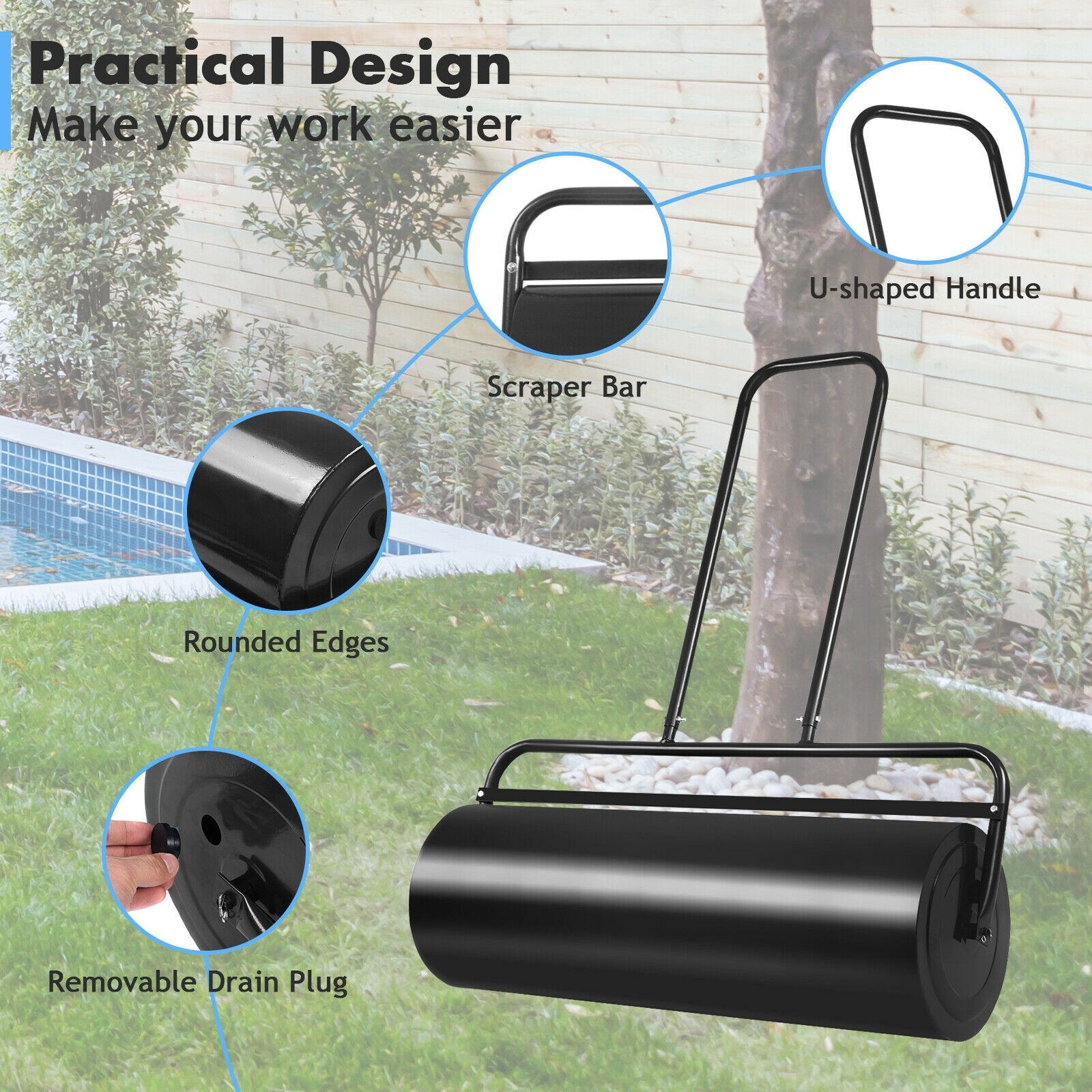 36 x 12 Inch Tow Lawn Roller, Water Filled Metal Push Roller, Black Lawn Care Tools at Gallery Canada