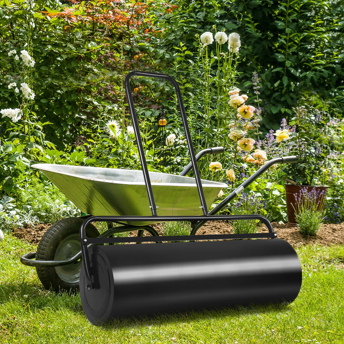 36 x 12 Inch Tow Lawn Roller, Water Filled Metal Push Roller, Black Lawn Care Tools at Gallery Canada