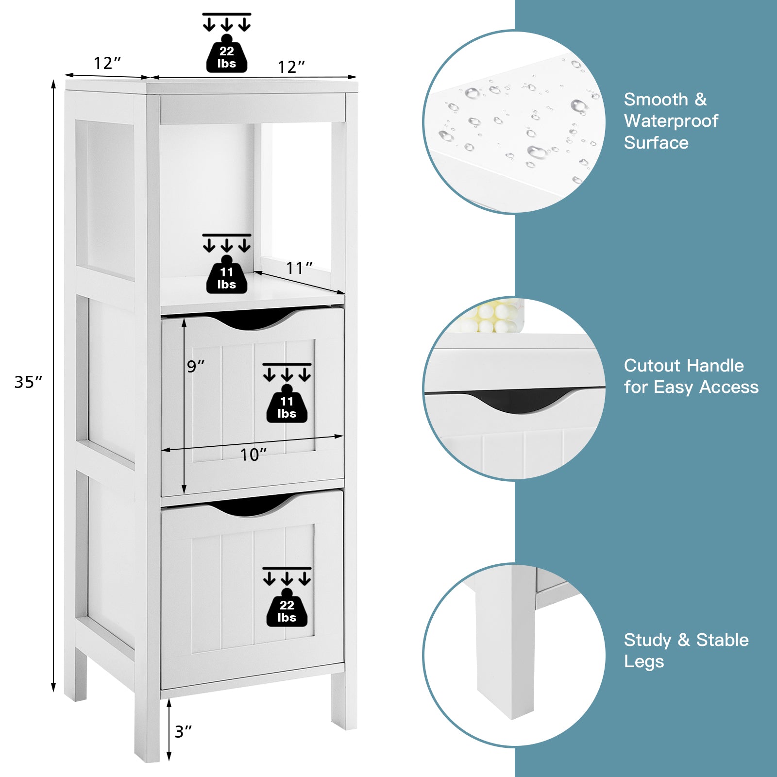 Freestanding Storage Cabinet, 2 Removable Drawers, White Floor Cabinets at Gallery Canada