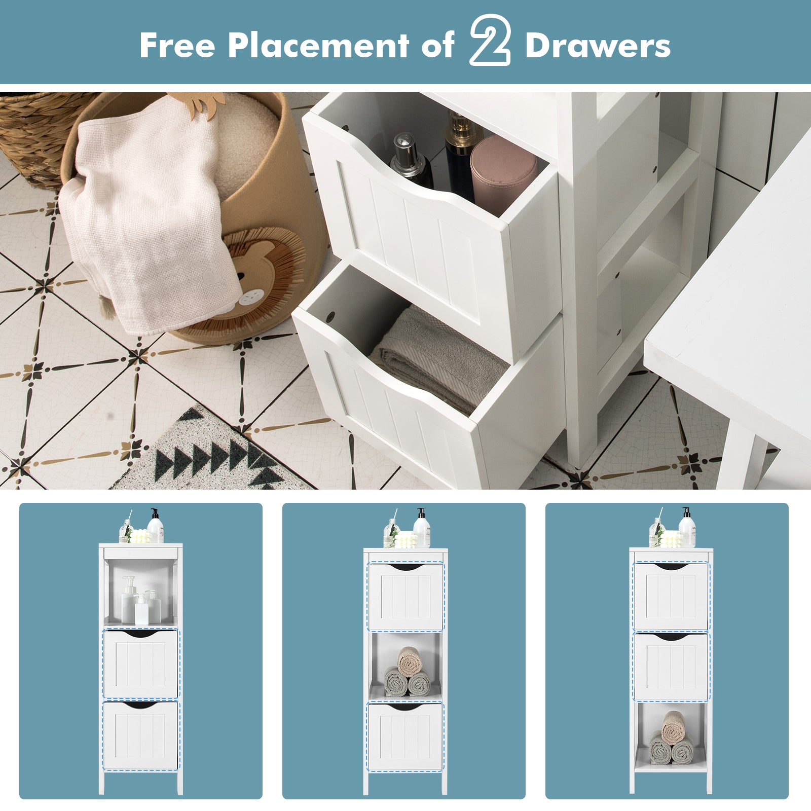 Freestanding Storage Cabinet, 2 Removable Drawers, White Floor Cabinets at Gallery Canada