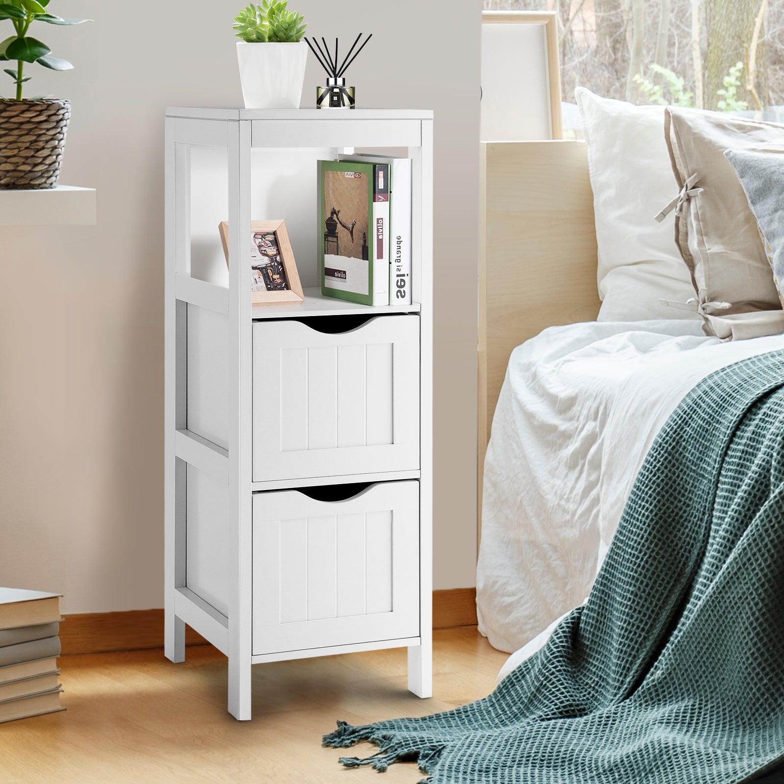 Freestanding Storage Cabinet, 2 Removable Drawers, White Floor Cabinets at Gallery Canada