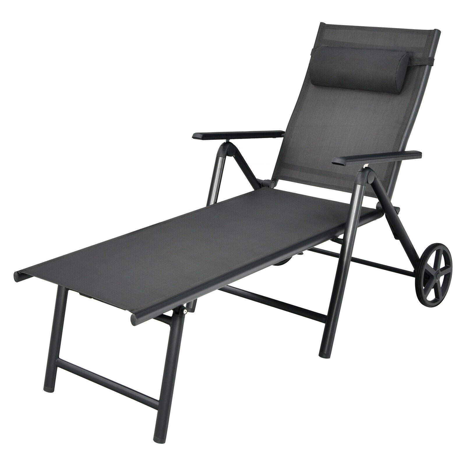 Patio Lounge Chair, Adjustable Aluminum Frame, Wheels, Neck Pillow, Gray Outdoor Chaise Lounges at Gallery Canada