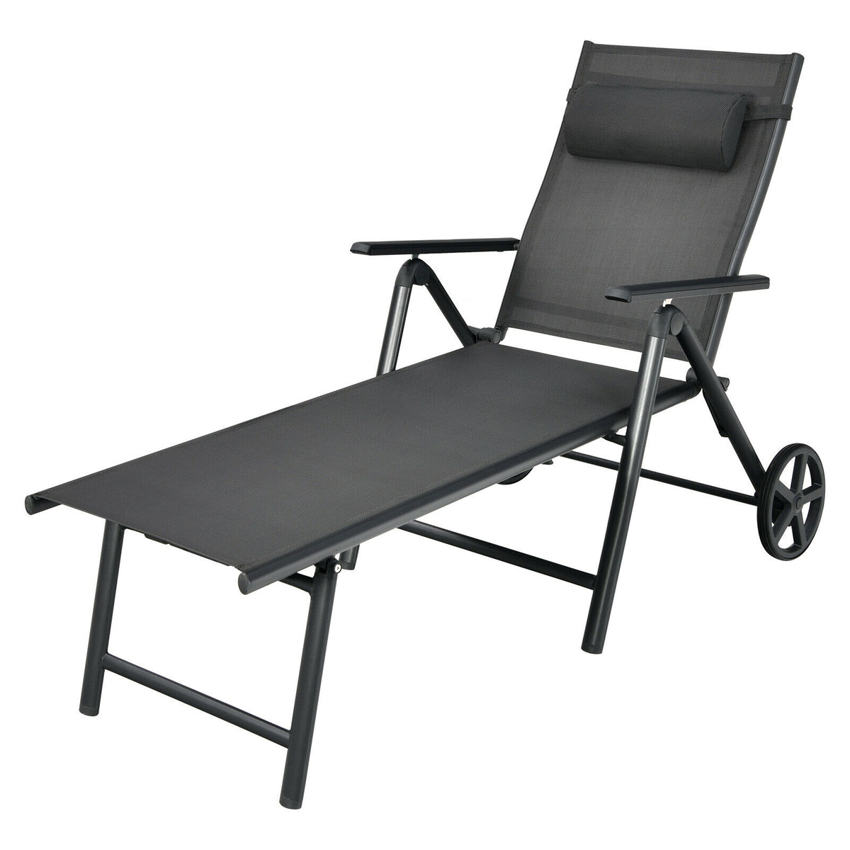 Patio Lounge Chair, Adjustable Aluminum Frame, Wheels, Neck Pillow, Gray Outdoor Chaise Lounges Gray at Gallery Canada