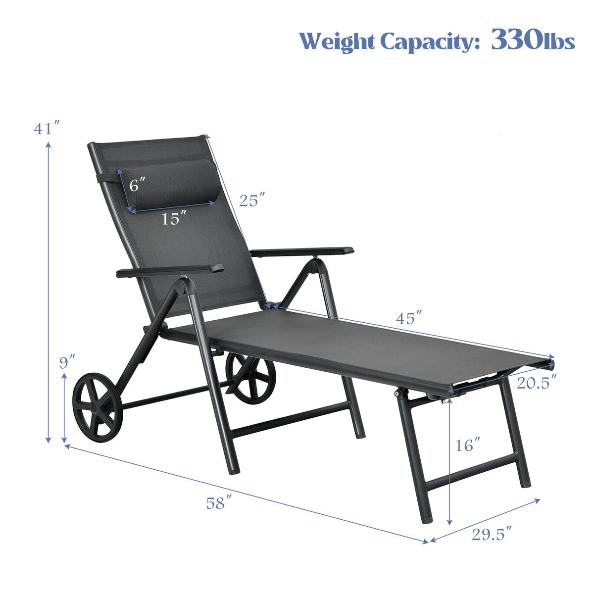 Patio Lounge Chair, Adjustable Aluminum Frame, Wheels, Neck Pillow, Gray Outdoor Chaise Lounges at Gallery Canada