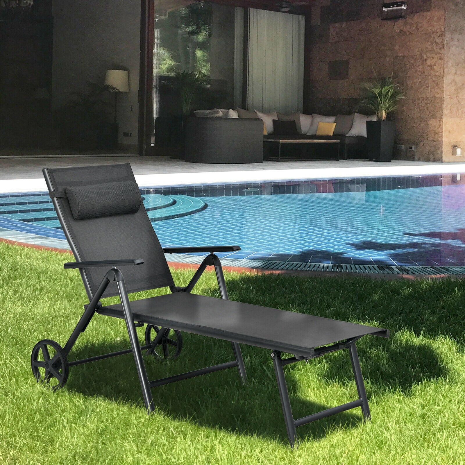 Patio Lounge Chair, Adjustable Aluminum Frame, Wheels, Neck Pillow, Gray Outdoor Chaise Lounges at Gallery Canada
