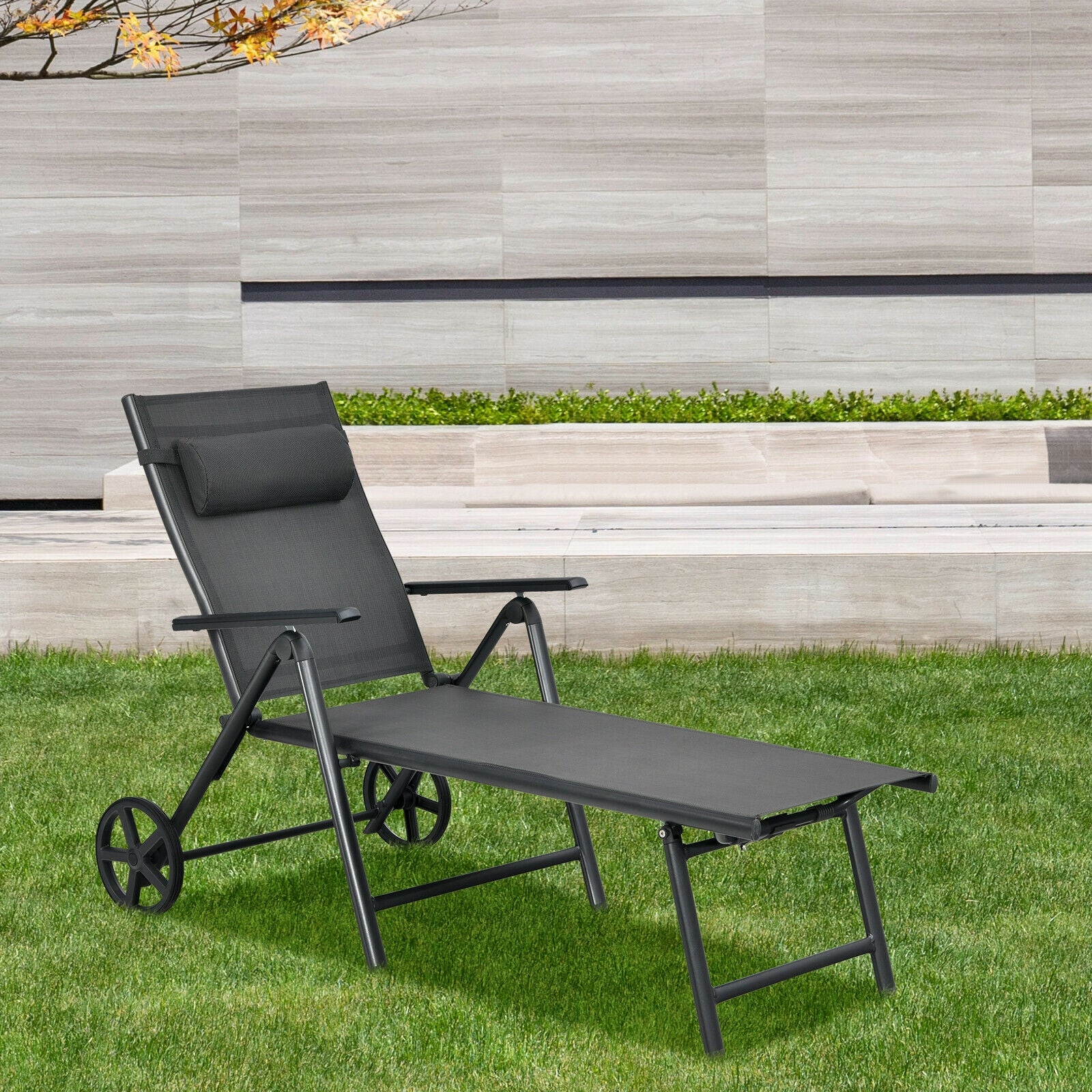 Patio Lounge Chair, Adjustable Aluminum Frame, Wheels, Neck Pillow, Gray Outdoor Chaise Lounges at Gallery Canada