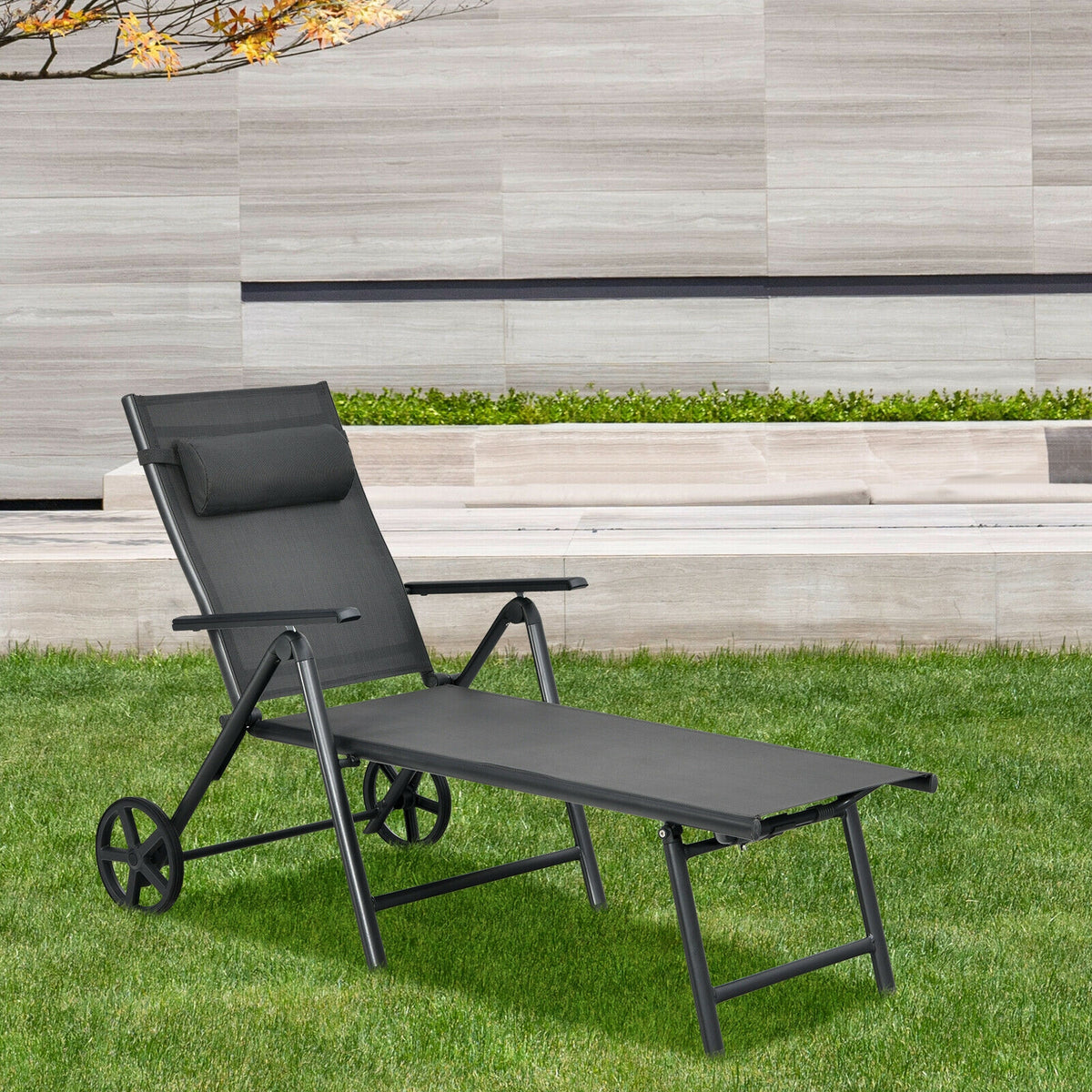 Patio Lounge Chair, Adjustable Aluminum Frame, Wheels, Neck Pillow, Gray Outdoor Chaise Lounges at Gallery Canada